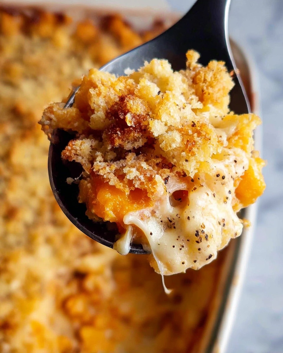 A close-up of a black spoon holding a portion of a baked dish with visible layers: a top layer of golden brown crumbly topping, a rich orange layer beneath, and a creamy white layer with melted cheese mixed with browned bits and specks of black pepper, showing a gooey, textured mix. The background features the same baked dish with a similar crumbly golden top surface on a white marbled texture. Photo taken with an iphone --ar 4:5 --v 7