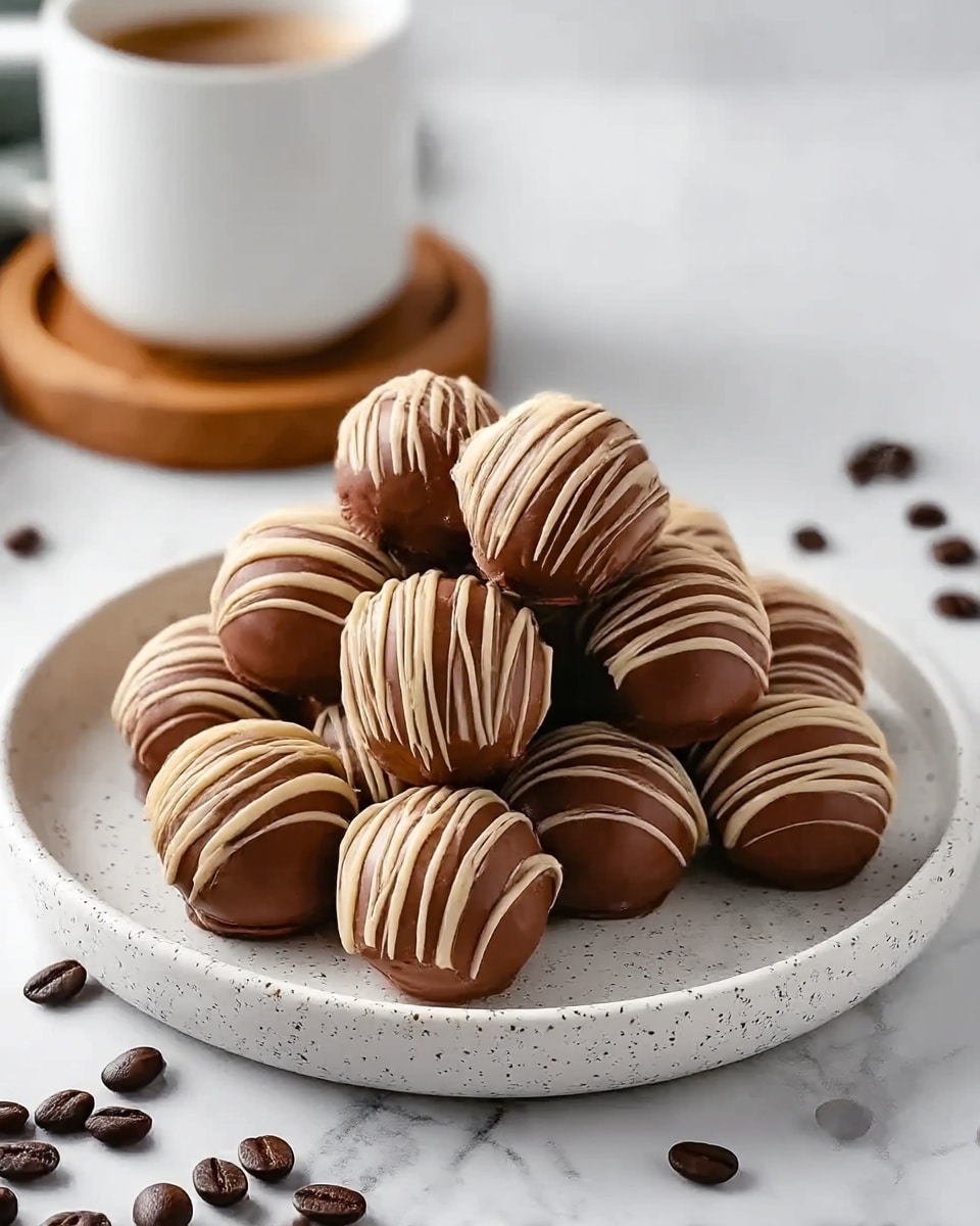 A white speckled plate holds a pile of round chocolate truffles, each coated in smooth milk chocolate and drizzled with thin lines of light beige chocolate on top, creating a striped pattern. The truffles are arranged closely, forming a small mound in the center of the plate. Around the plate, some coffee beans are scattered on a white marbled surface, adding a touch of dark brown contrast. In the background, a white cup with a wooden coaster is slightly out of focus, giving a cozy feel to the setting. Photo taken with an iphone --ar 4:5 --v 7