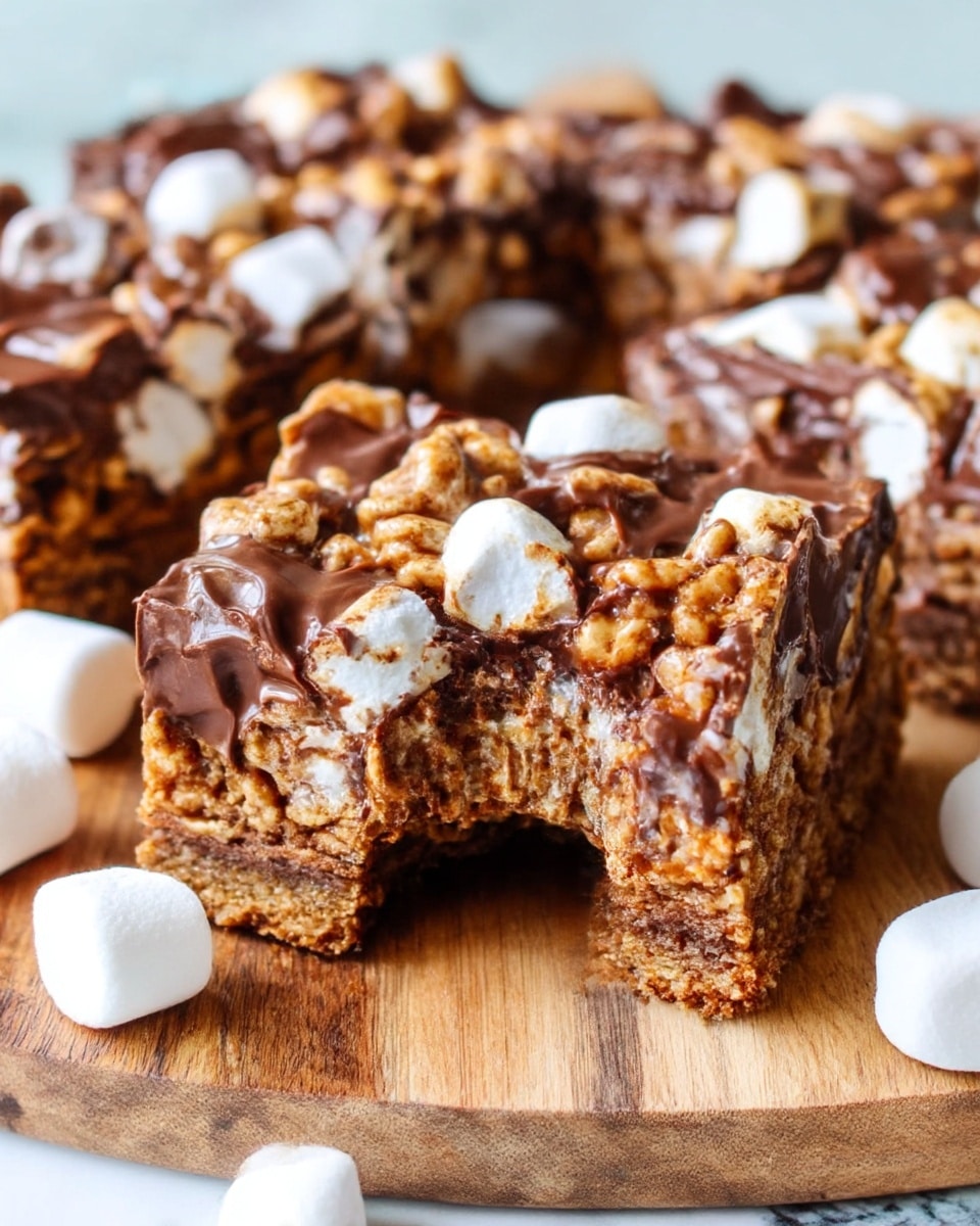 The image shows a close-up of two dessert bars on a wooden board with a woman’s hand holding one with a bite taken out of it, revealing a mix of gooey melted marshmallows and chocolate coating crunchy cereal pieces. The dessert has three visible layers: a base of light brown cereal squares, a middle layer of white marshmallow peeking through, and a top shiny layer of melted dark chocolate that coats the cereal unevenly, making the texture look sticky and soft. There are some white marshmallows scattered nearby on a white marbled surface. The photo taken with an iphone --ar 4:5 --v 7