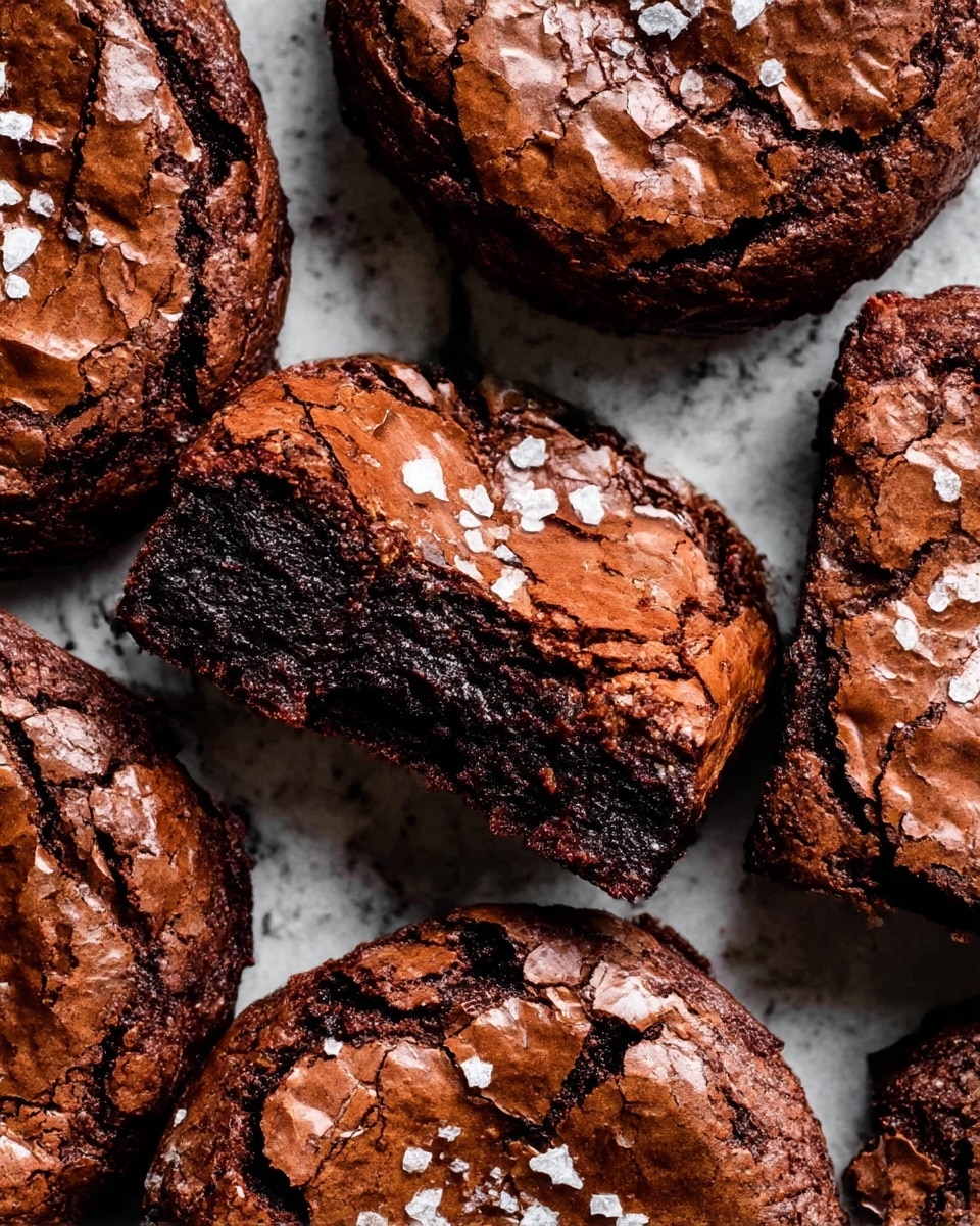 The image shows several rich chocolate brownies close together, each one with a cracked, shiny dark brown top layer sprinkled with coarse sea salt flakes that add texture and contrast. The middle brownie is slightly bitten, revealing a dense, fudgy, almost black inner layer under the crispy exterior. The surface is a white marbled texture beneath the brownies, enhancing their deep chocolate color and flaky crust details. photo taken with an iphone --ar 4:5 --v 7