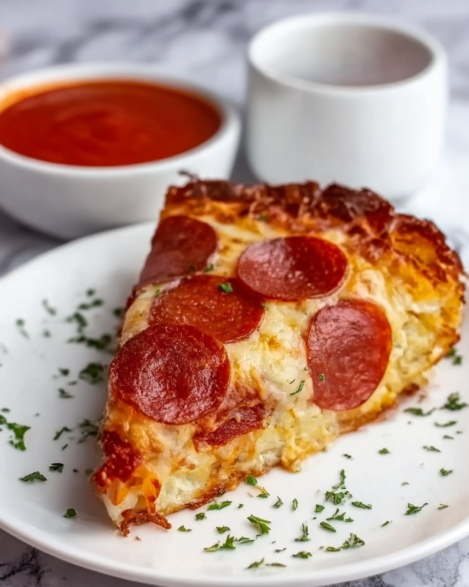 A single slice of pepperoni pizza sits on a white plate with scattered green herbs on the plate surface, showing a browned, crispy crust at the edge. The pizza slice has multiple layers, starting from a golden, bubbly melted cheese layer topped with several round, reddish-brown pepperoni slices, some slightly curled at the edges. Visible beneath the cheese layer is a thick, soft-looking dough with a slightly toasted bottom. In the background, a white cup filled with bright red marinara sauce hints at extra dipping. The surface under the plate is a white marbled texture. A woman's hand is partly visible near the edge of the plate. photo taken with an iphone --ar 4:5 --v 7