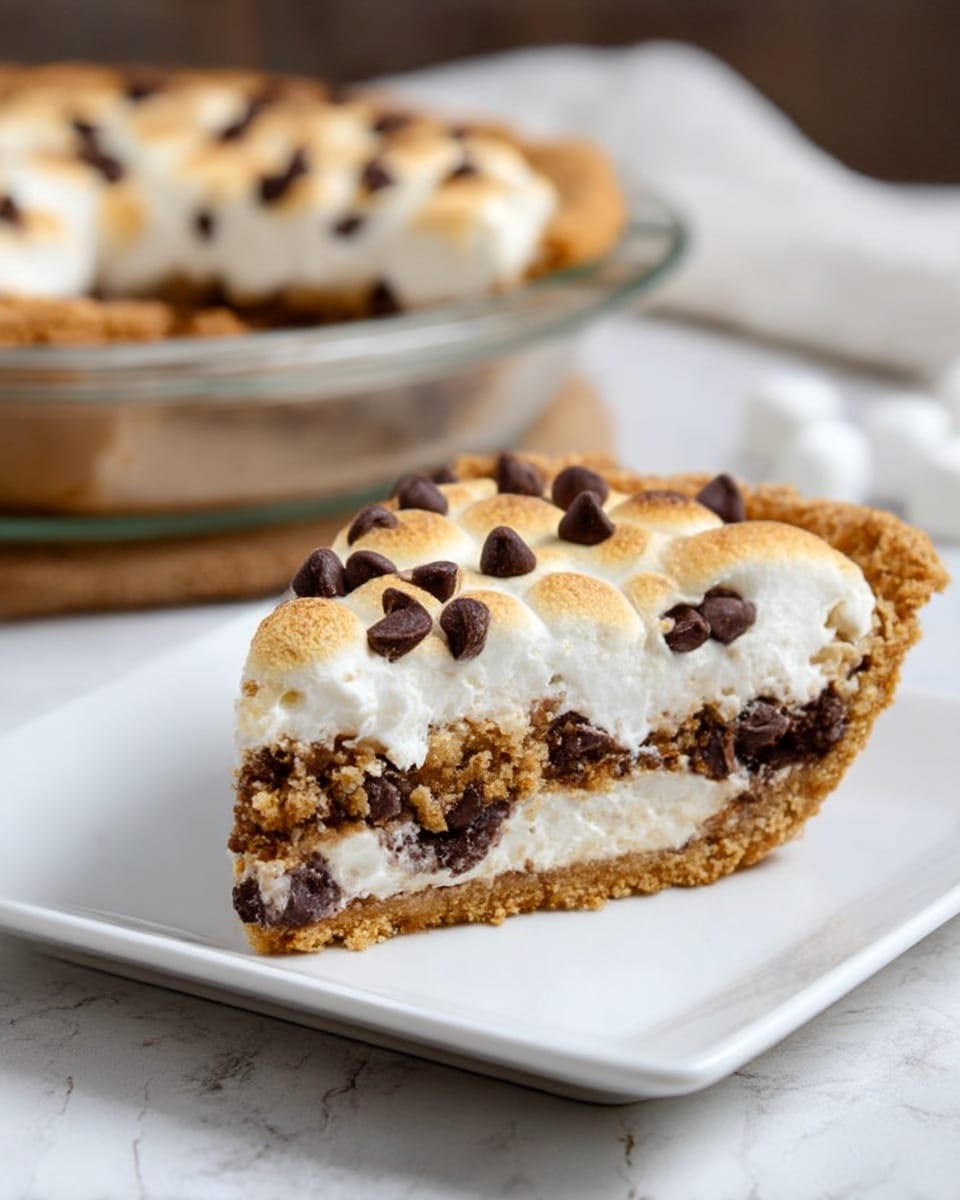 A slice of pie sits on a white square plate against a white marbled texture background. The pie has three layers: the bottom crust is golden brown and crumbly, the middle layer is a gooey mixture of white cream with dark chocolate chips, and the top layer is a toasted golden crust with melted marshmallows and scattered dark chocolate chips. The full pie, with the same golden top and chocolate chips, is visible in a glass pie dish behind the slice. Photo taken with an iphone --ar 4:5 --v 7