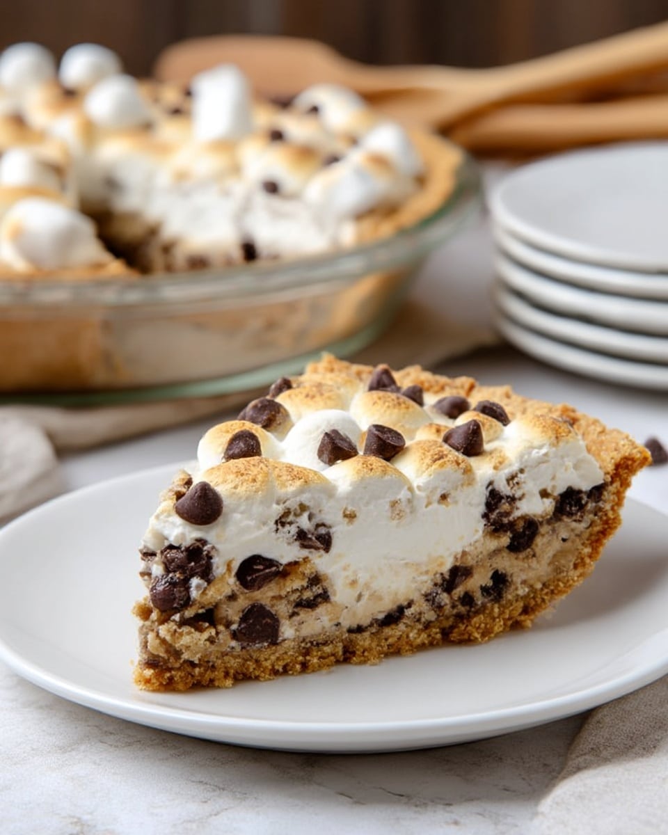 A slice of pie with three visible layers sits on a white plate placed on a white marbled texture. The bottom layer is a crumbly, light golden crust, the middle layer is creamy white with gooey melted chocolate chips mixed in, and the top layer is a golden-baked crust studded with toasted marshmallows and scattered dark chocolate chips, creating a soft and crunchy texture contrast. In the background, a whole pie with a similar golden crust topped with marshmallows and chocolate chips is in a clear dish, alongside wooden kitchen tools and stacked white plates. photo taken with an iphone --ar 4:5 --v 7