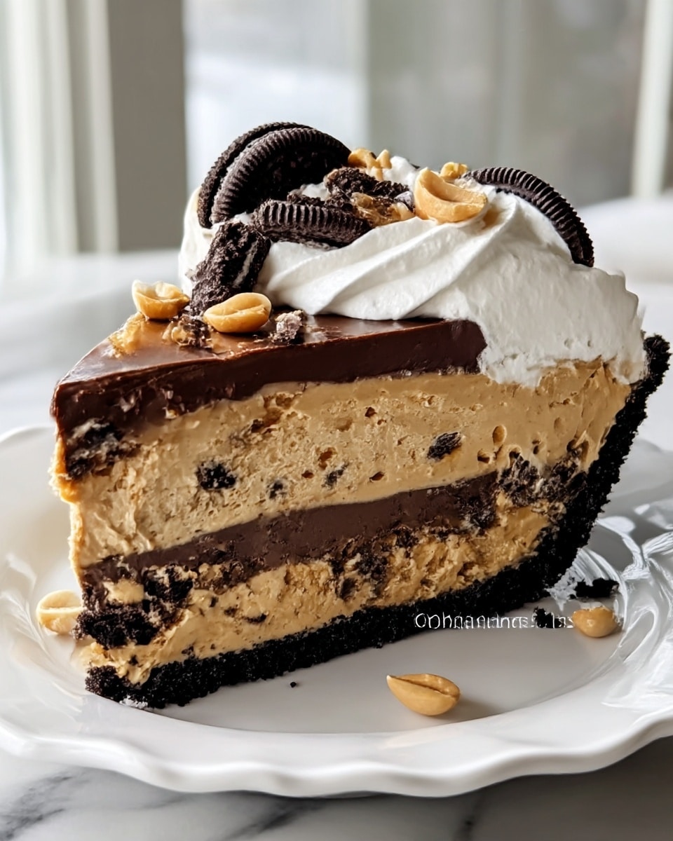 A slice of layered pie sits on a white plate with a scalloped edge, placed on a white marbled surface near a window with soft light. The pie has five clear layers: the bottom layer is a dark, crumbly cookie crust; above that is a thick light brown peanut butter layer with chunks or crumbs of cookies mixed in; the middle layer is a smooth, glossy dark chocolate spread; on top of that is another thick light brown peanut butter layer; the fourth layer is a dollop of fluffy white whipped cream. The pie is topped with halved black sandwich cookies and scattered whole peanuts, adding texture and contrast. photo taken with an iphone --ar 4:5 --v 7