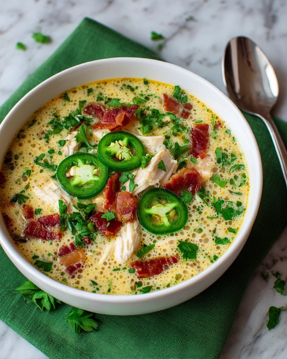 This image shows a white bowl filled with a creamy soup that has a light yellow color with small bubbles on the surface. Inside the soup, there are chunks of light brown cooked chicken, bright green slices of jalapeño peppers floating on top, and scattered small pieces of crispy reddish-brown bacon. Fresh green parsley is sprinkled across the soup, adding a fresh look. The bowl sits on a green cloth napkin and a white marbled surface, with a silver spoon resting to the side. Photo taken with an iphone --ar 4:5 --v 7