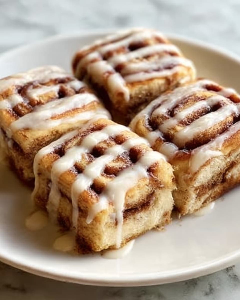 Four square cinnamon rolls are placed side by side on a white plate, each roll showing visible layers of soft dough swirled with brown cinnamon filling. A light cream-colored icing is drizzled evenly over the top in thin stripes, with a bit of the glaze dripping down the sides. The rolls have a golden-brown color from baking, contrasting with the white icing on top. The plate sits on a white marbled surface. Photo taken with an iphone --ar 4:5 --v 7