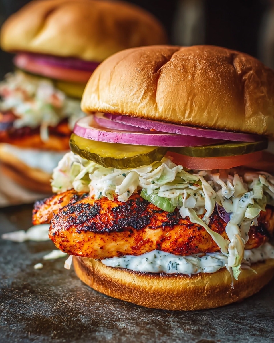 The image shows a grilled chicken sandwich with several layers. The bottom layer is a toasted golden-brown bun with a spread of white creamy sauce. On top of this is a thick, juicy piece of grilled chicken breast, showing char marks and a reddish-orange seasoning. Above the chicken is a layer of creamy coleslaw with white and green shredded cabbage. On top of the coleslaw are thin slices of red onion, bright red tomato, and green pickle slices. The sandwich is completed with a top bun that is golden-brown and slightly shiny. The sandwich is placed on a dark textured surface, with a second similar sandwich blurred in the background. photo taken with an iphone --ar 4:5 --v 7