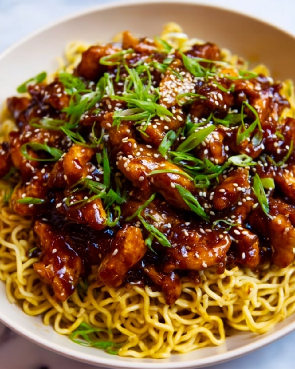 A close-up of a dish with three clear layers: the bottom layer is twisted yellow noodles, slightly glossy and piled on a white plate; the middle layer is made of small, shiny pieces of dark brown glazed chicken evenly spread over the noodles; the top layer is sprinkled with chopped green onions and white sesame seeds, adding bright green and white details. The entire dish looks rich with a shiny sauce coating the chicken, and the background is a white marbled texture. photo taken with an iphone --ar 4:5 --v 7