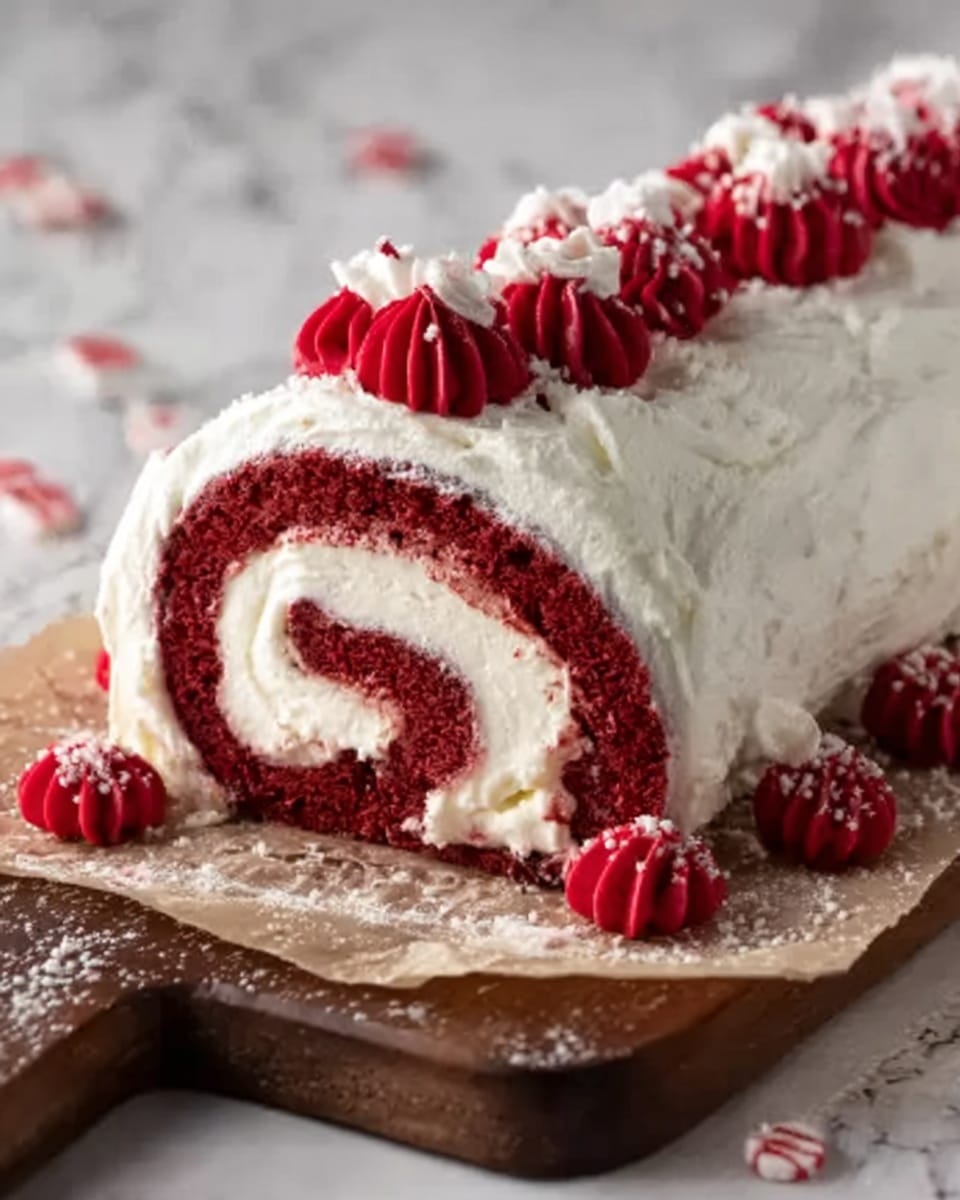 A rolled cake lies on a wooden board covered with parchment paper, showing three clear layers: a deep red, soft sponge cake layer spiraled with thick, smooth white cream. The outside is evenly covered in white whipped cream frosting with a slightly rough texture. On top, there are eight swirls of bright red cream in a neat row along the length of the cake, with a few red cream swirls accented around the base. Small white sprinkles are scattered gently on top and the surface around the cake. The background is a white marbled texture. Photo taken with an iphone --ar 4:5 --v 7