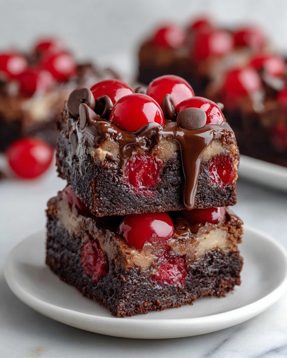 Two stacked square brownie pieces sit on a white plate set on a white marbled surface. Each brownie has three visible layers: a dark brown base layer with a dense texture, a middle layer with red cherries embedded inside, and a top layer covered with melted chocolate chips and whole bright red cherries. The melted chocolate appears glossy and slightly drips down the sides, adding a rich texture contrast. Additional brownie pieces with a similar layered look blur softly in the background. photo taken with an iphone --ar 4:5 --v 7