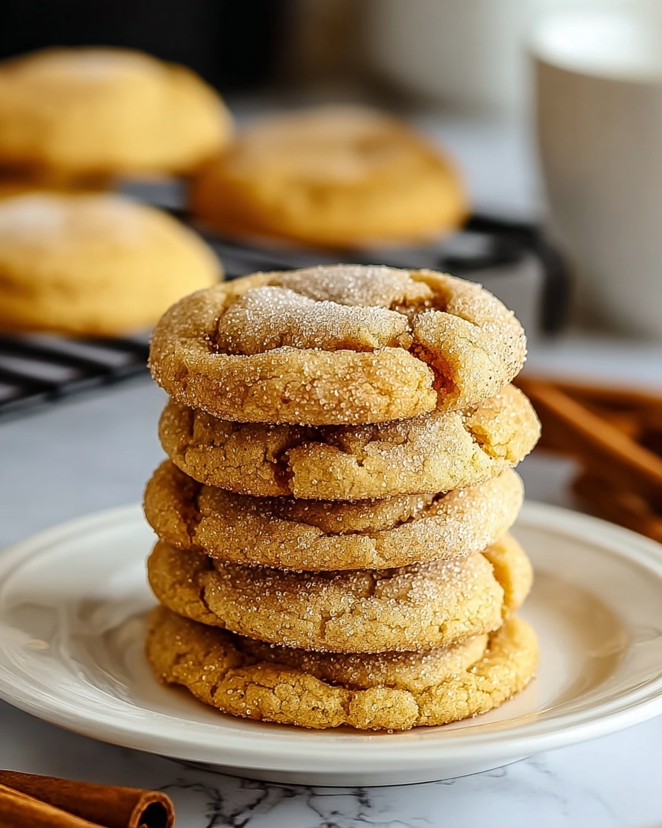 A stack of five golden-brown cookies sits in the middle of a white plate. Each cookie has a soft texture with visible cracks and is sprinkled with granulated sugar, giving them a sparkling effect under the light. The cookies look thick and chewy, with the bottom cookie slightly larger and flatter, while the top ones are more rounded and puffy. The plate rests on a white marbled surface, and in the background, a black cooling rack holds more cookies blurred out softly to keep focus on the stack. A hint of cinnamon sticks and a white cup are also blurred in the background. photo taken with an iphone --ar 4:5 --v 7