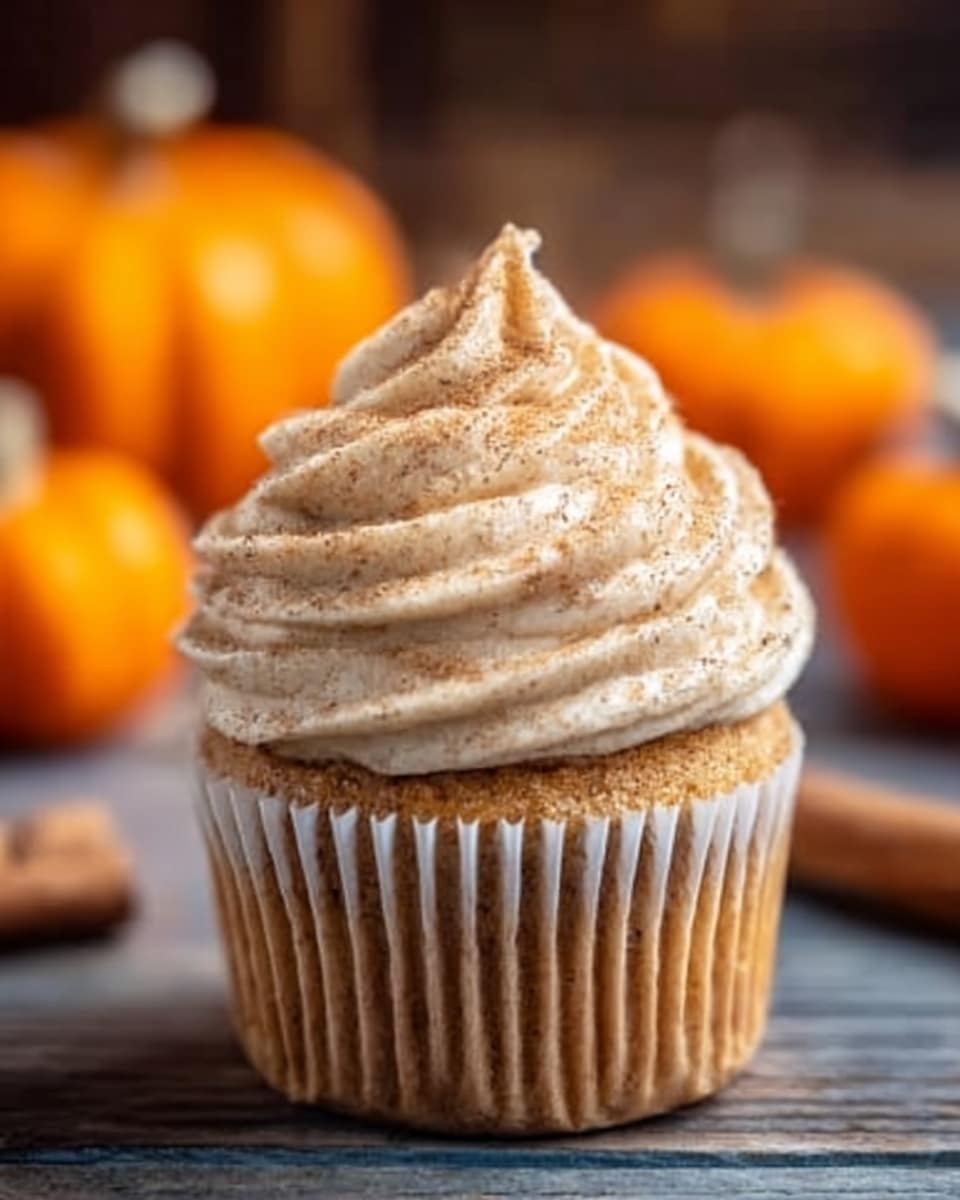 A single cupcake with a light brown base in a white ridged wrapper sits on a wooden surface, topped with a tall swirl of creamy, light beige frosting sprinkled with a fine dusting of cinnamon. The background shows blurred orange pumpkins, giving a cozy feeling. Photo taken with an iphone --ar 4:5 --v 7