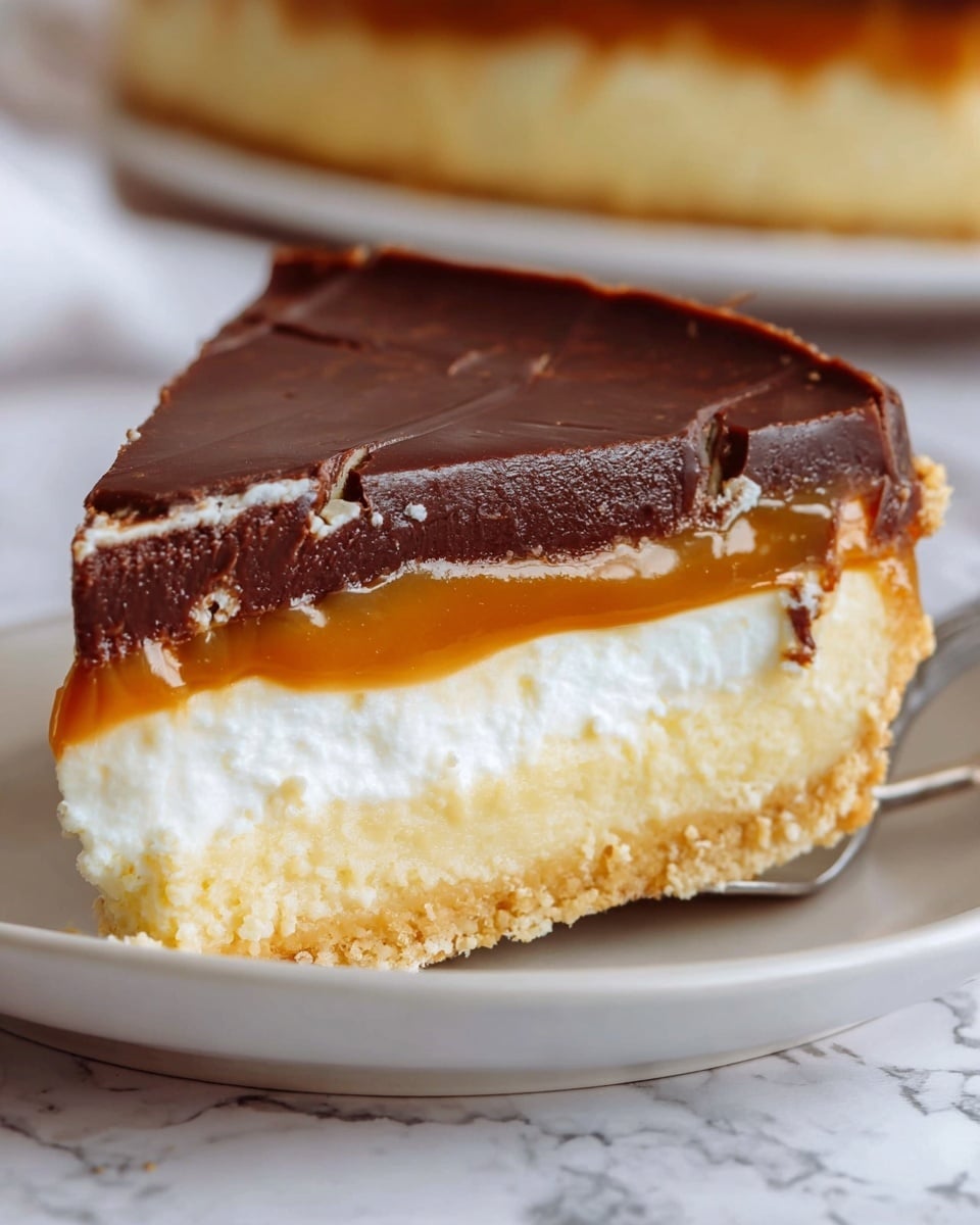 A close-up of one slice of a layered dessert being lifted from a white plate resting on a white marbled surface. The dessert has four distinct layers: at the bottom, there is a light yellow crust with a crumbly texture; above it, a thick white creamy layer that looks smooth and soft; next is a thin caramel layer with a shiny, sticky texture; and on top is a thick, dark chocolate layer with a matte finish and visible smudge marks. The slice is cut in a triangular shape with clean edges, showing each layer clearly. Photo taken with an iphone --ar 4:5 --v 7