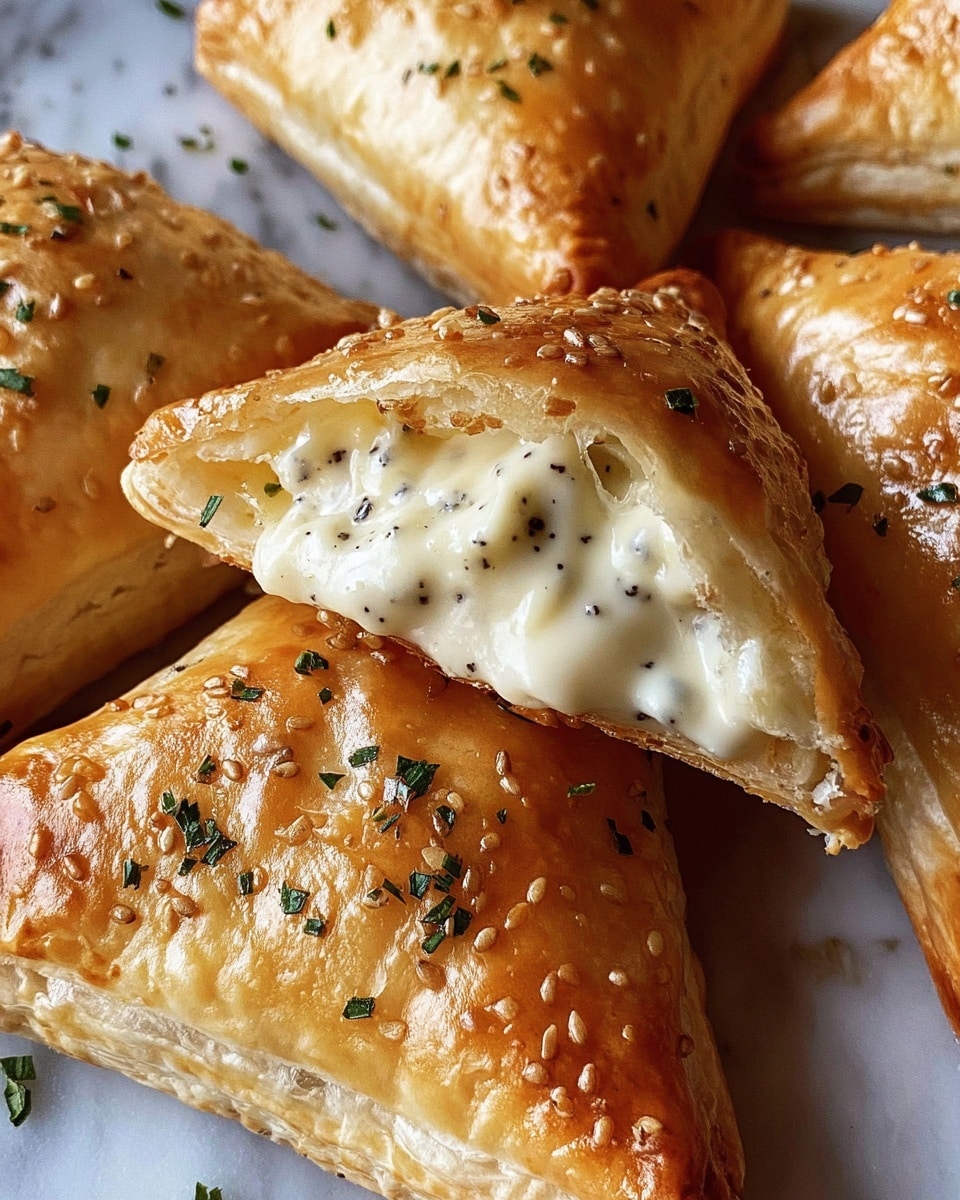 The image shows several golden brown triangle-shaped pastries with a shiny, flaky crust. One pastry is cut open to reveal a creamy white filling with small black pepper-like specks and a smooth, soft texture. The pastries are sprinkled with small green herb bits on top. The background is a white marbled texture. photo taken with an iphone --ar 4:5 --v 7
