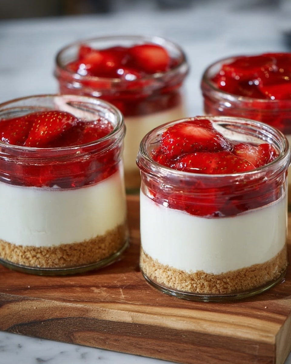 Four small clear glass jars each show a three-layer dessert placed on a wooden board. The bottom layer is crumbly and brown, resembling crushed biscuits. The middle layer is thick, smooth, and white, likely a creamy filling. The top layer is bright red with glossy, small fruit pieces, looking like strawberry slices in a jelly or syrup. The background is a white marbled surface, giving a clean and fresh look. photo taken with an iphone --ar 4:5 --v 7