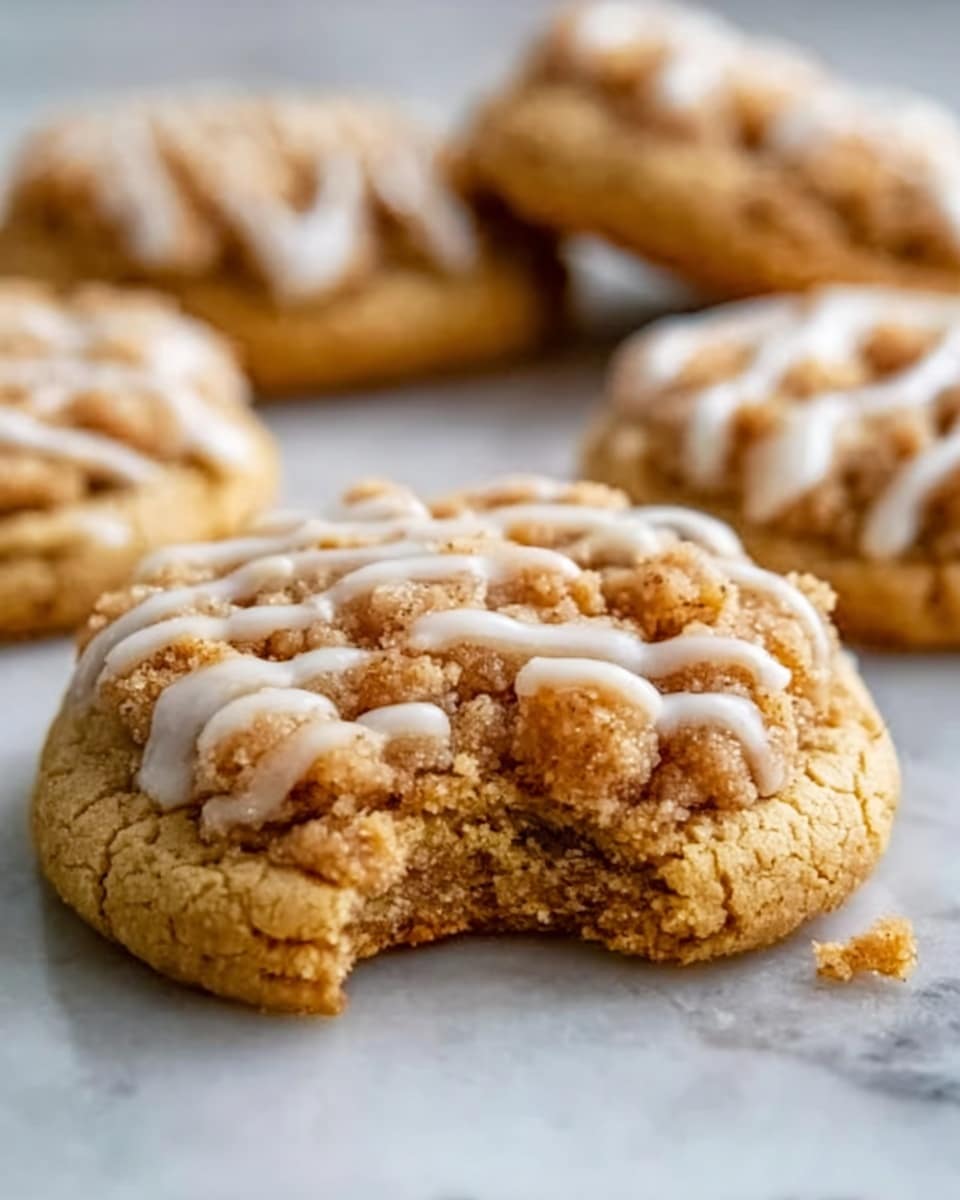 The image shows a close-up of a soft cookie with a cracked, crumbly texture on top. The cookie has a light golden brown base layer with a thick crumble layer of a slightly darker brown color sitting unevenly on top. White icing is drizzled over the crumble in thin stripes, adding contrast to the cookie's warm colors. In the background, more cookies with similar layers are slightly out of focus, all placed on a white marbled surface. The crumbly texture and icing give the cookies a fresh, homemade look. photo taken with an iphone --ar 4:5 --v 7