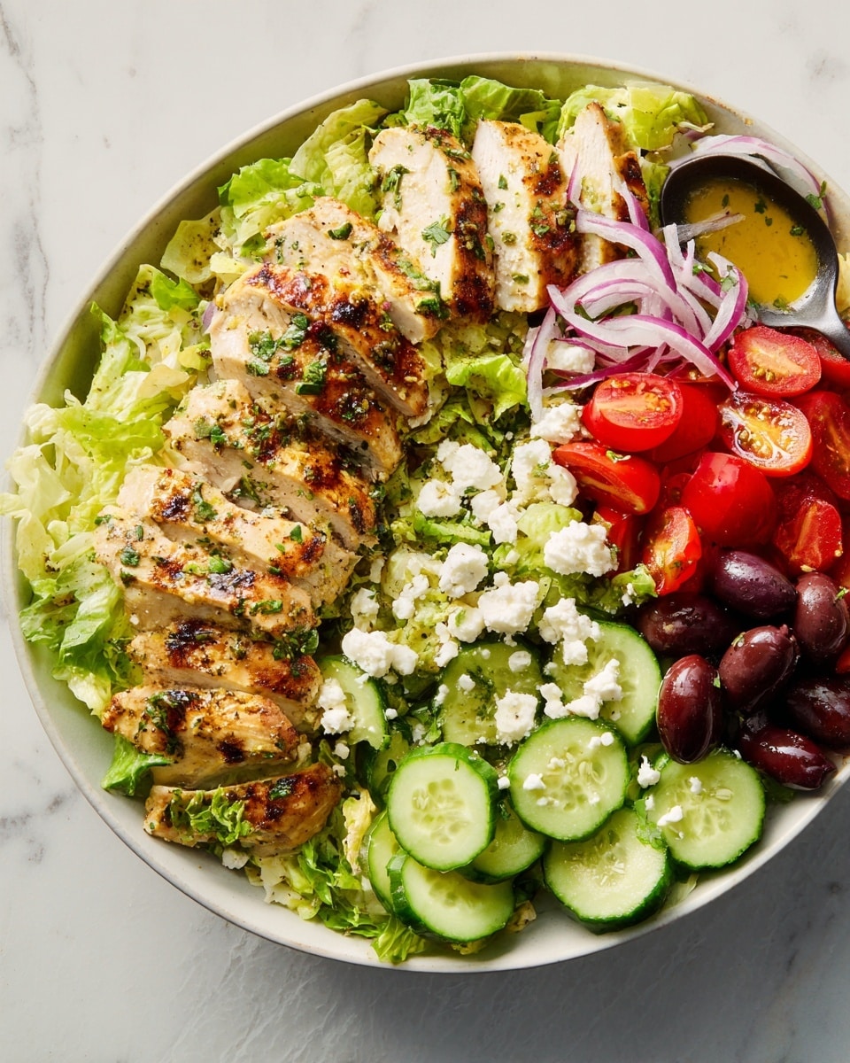 A white plate holds a fresh salad with several layers: the bottom layer is light green lettuce leaves scattered all around, on top of which are bright green cucumber slices arranged on the right side, red grape tomato halves placed near the top right, and dark purple olive halves scattered throughout. On the left and middle layers, there are five slices of grilled chicken breast with a golden-brown sear, sprinkled with finely chopped green herbs. Crumbled white cheese is spread unevenly across the salad, adding texture and contrast. The whole salad is on a white marbled surface. Photo taken with an iphone --ar 4:5 --v 7