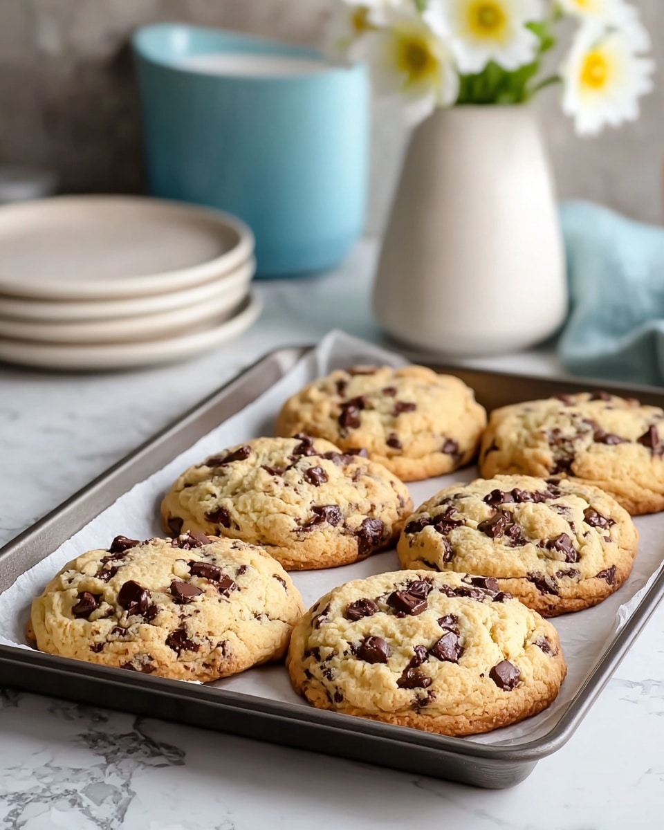 The image shows six thick, round chocolate chip cookies on a baking tray lined with parchment paper. Each cookie is golden brown with a slightly crispy edge and a soft, chunky texture marked by many dark chocolate chunks scattered all over the creamy dough. The tray is set on a surface with a white marbled texture. In the background, there are stacked white plates, a blue container, and a white vase holding white flowers with yellow centers. photo taken with an iphone --ar 4:5 --v 7