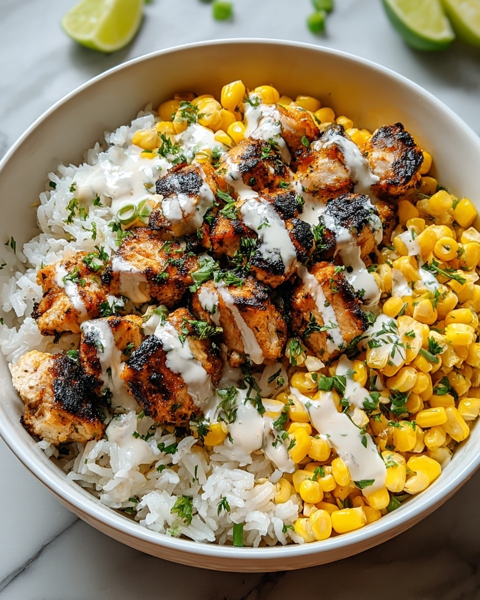 A white bowl filled with three main layers is shown, starting with a bottom layer of fluffy white rice, topped with a middle layer of bright yellow corn kernels scattered throughout, and crowned with grilled chicken pieces that are golden brown with charred black spots. The chicken is drizzled with a creamy white sauce, and green chopped herbs are sprinkled all over, adding pops of green. The bowl sits on a white marbled surface with a few green onion slices and a wedge of lime nearby. photo taken with an iphone --ar 4:5 --v 7