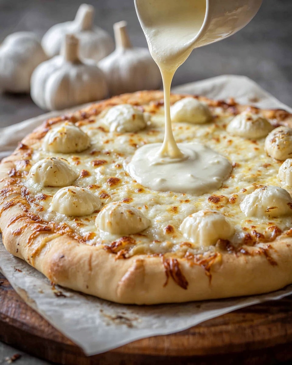 A thick, golden pizza crust forms the base with lightly browned edges. On top, a layer of melted cheese covers the whole surface, with nine small, creamy, white garlic cloves evenly spaced around the outer part of the pizza. In the center, a smooth, creamy white sauce is being poured, creating a small pool in the middle. The pizza sits on parchment paper over a wooden board, with whole garlic bulbs blurred in the background. Photo taken with an iphone --ar 4:5 --v 7