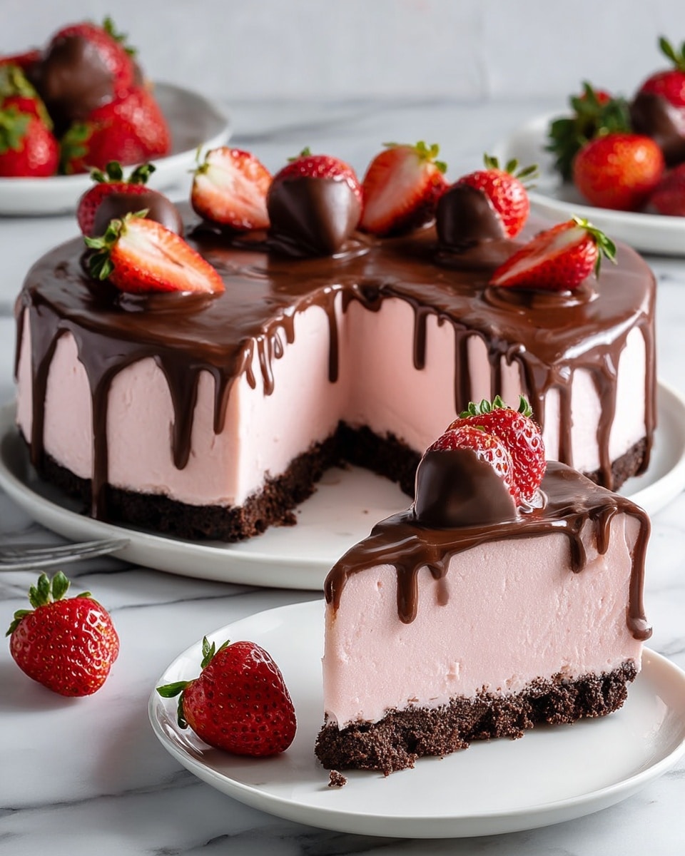 The image shows a round strawberry mousse cake with three distinct layers. The bottom layer is a crumbly dark brown crust, the middle layer is thick and light pink with a smooth, creamy texture, and the top layer is a glossy dark chocolate ganache that drips down the sides. Fresh, bright red strawberries with green leaves are placed on top of the cake and on a cut slice displayed on a white plate in the front. The background is a white marbled surface, and another white plate with extra strawberries is visible on the left. Photo taken with an iphone --ar 4:5 --v 7