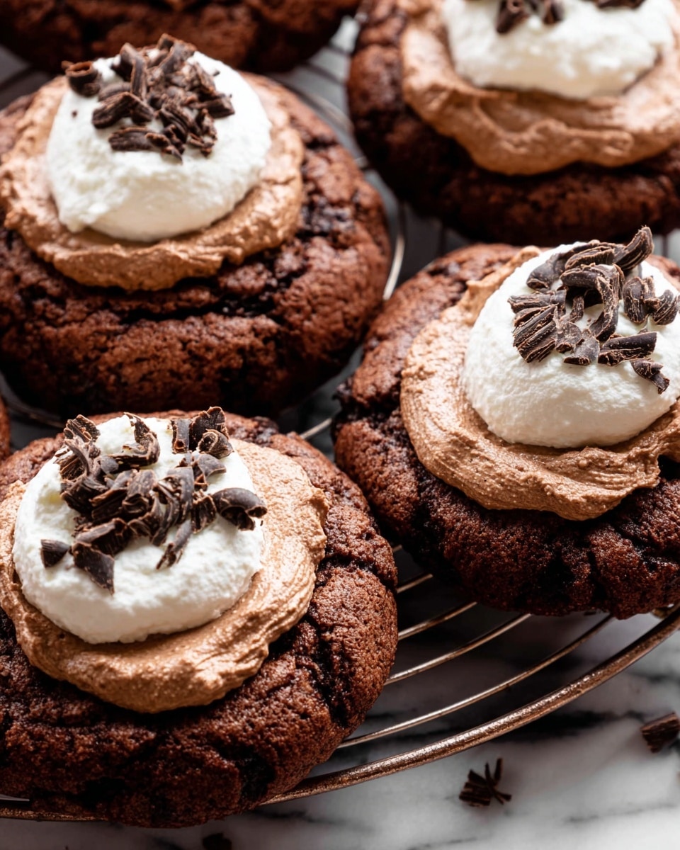 The image shows several large, dark brown chocolate cookies with a rough, cracked texture on a round metal rack. Each cookie has two layers of topping: a smooth, light brown layer of chocolate cream spread on top of the cookie’s surface, covering most of the center, topped partially by a smaller dollop of white cream that looks soft and fluffy. Scattered on the white cream are small, dark chocolate curls that add texture and depth. The cookies are closely placed, filling the frame with focus on the detailed textures of the cookie base and creamy layers. The background includes a white marbled texture. photo taken with an iphone --ar 4:5 --v 7