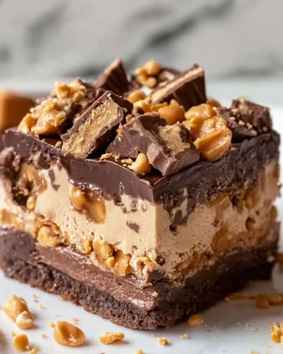 The image shows a close-up of a layered dessert bar with three visible layers. The bottom layer is a thick, dark chocolate base, smooth and dense. The middle layer is creamy and light brown with bits of peanut butter mixed in, creating a soft texture. The top layer is rich, glossy dark chocolate ganache, sprinkled with chunks of peanut butter cups and small pieces of crunchy peanut brittle. The dessert is shown on a white surface with a white marbled texture in the background. Photo taken with an iphone --ar 4:5 --v 7