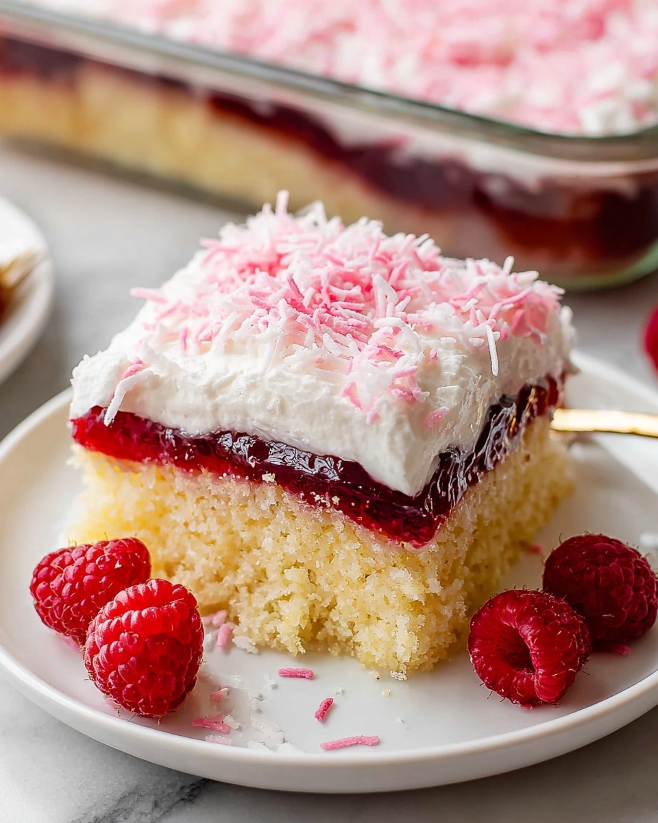 A close-up of a square slice of dessert on a white plate with two fresh raspberries and some pink shredded topping scattered around. The dessert has three clear layers: the bottom layer is a yellow, moist cake, the middle layer is a dark red fruit jelly, and the top layer is a white creamy frosting covered with pink shredded coconut. In the background, a glass baking dish filled with the same dessert is visible on a white marbled surface. photo taken with an iphone --ar 4:5 --v 7