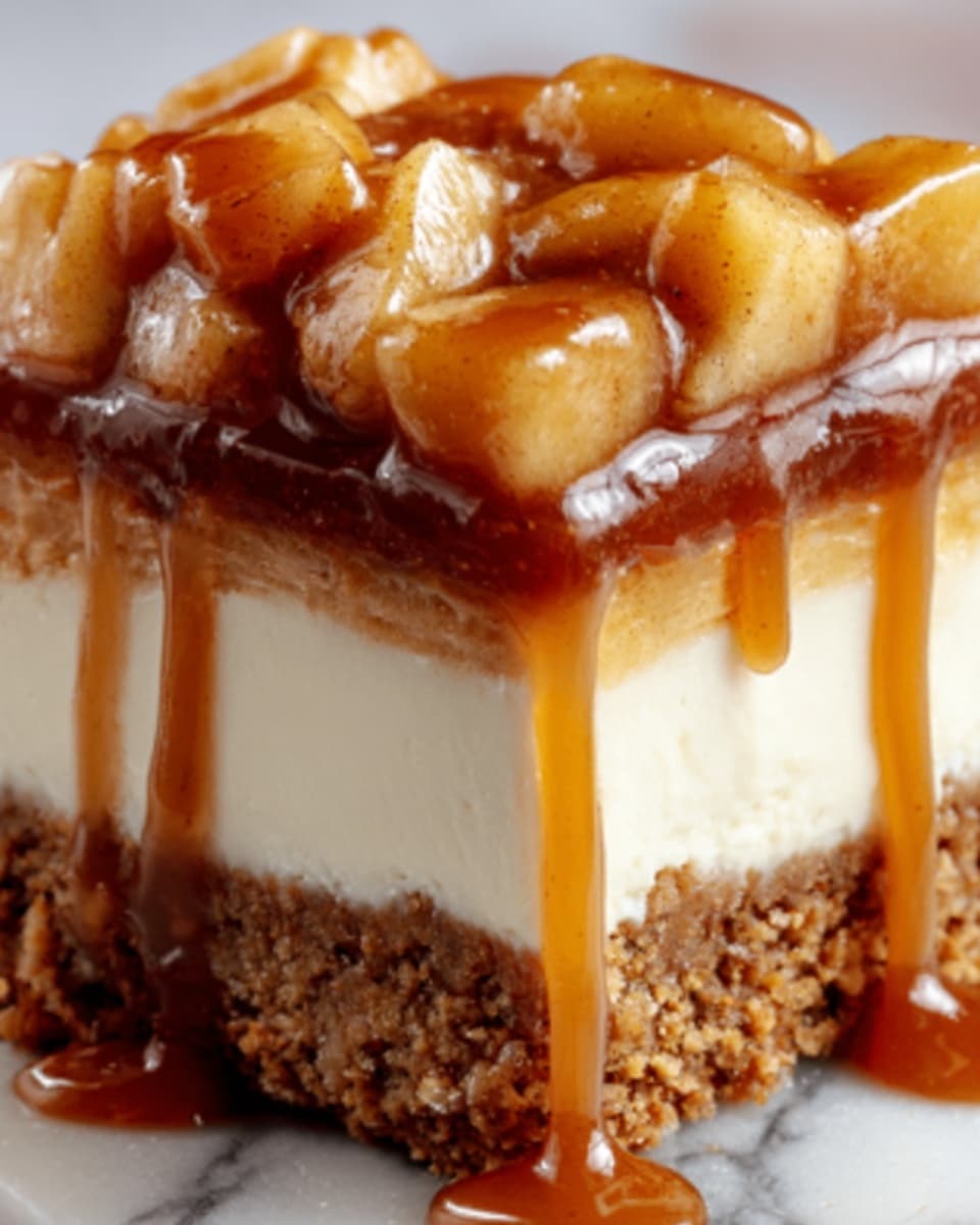 A close-up of a three-layer dessert slice on a white marbled surface, with a crumbly brown base that looks crunchy, topped by a thick, smooth white creamy layer, followed by a glossy layer of caramelized apple chunks in light golden brown, all covered in a shiny, rich caramel sauce dripping down the sides. The texture highlights the contrast between the crunchy base, silky middle, soft fruit topping, and sticky caramel glaze. photo taken with an iphone --ar 4:5 --v 7