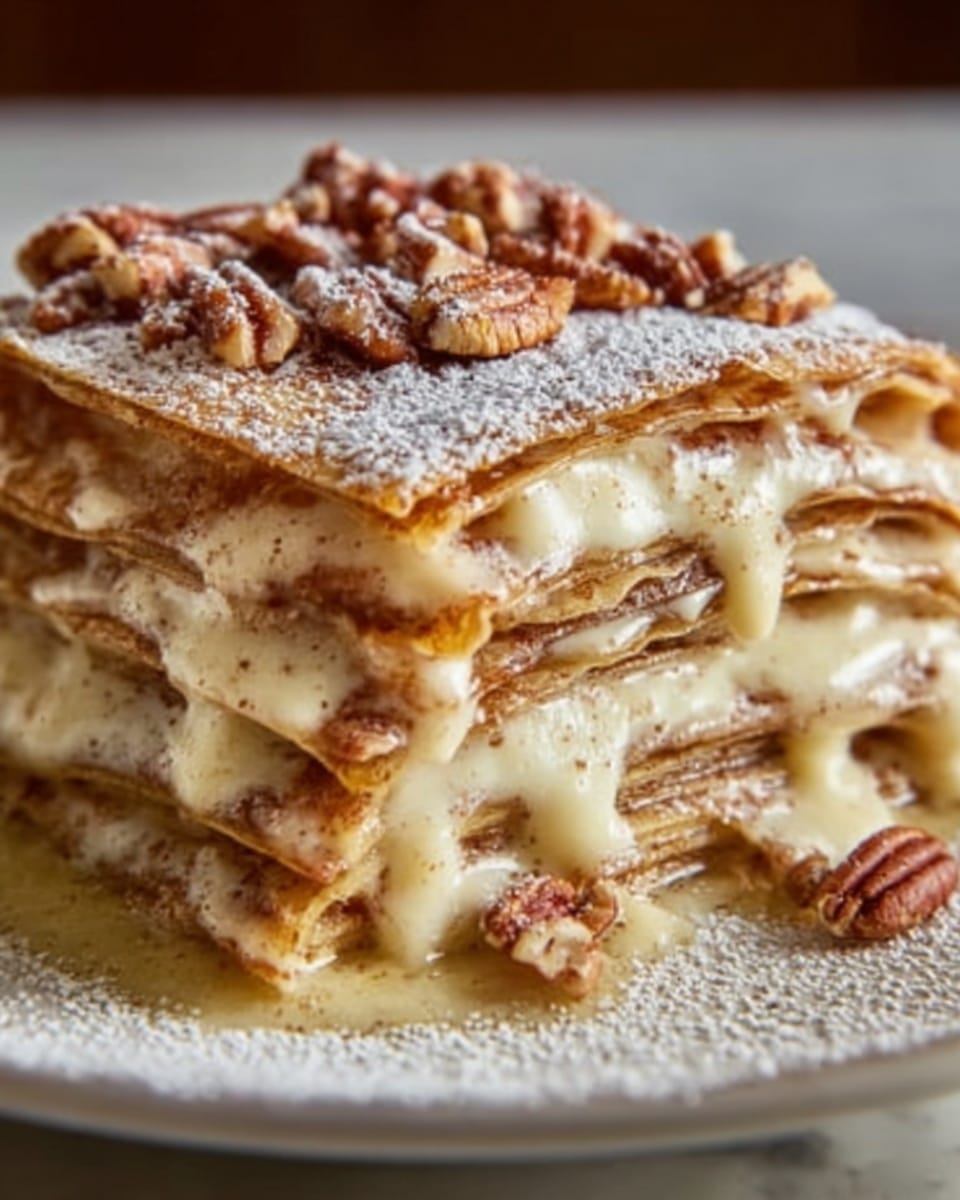 A close-up view of a multi-layered crepe cake on a white plate, placed on a white marbled surface. The cake has several thin, light golden crepe layers stacked evenly. Between each crepe layer, there is a creamy, pale yellow filling that looks smooth and soft. The top layer is dusted with cinnamon powder and garnished with whole pecans, adding texture and a rich brown color contrast. The creamy filling slightly oozes out between the crepes, highlighting the moist and delicate nature of the cake. photo taken with an iphone --ar 4:5 --v 7