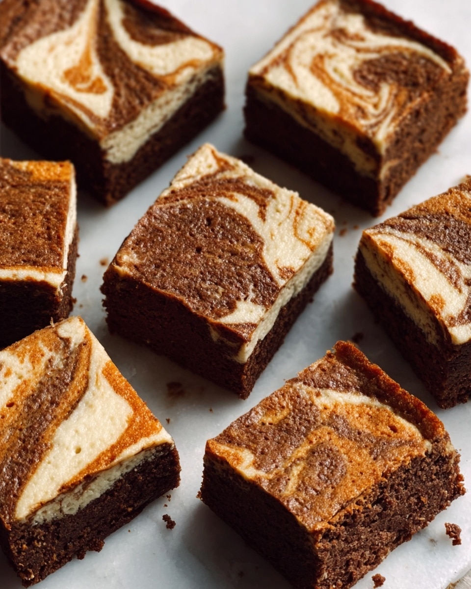 The image shows a close-up of nine square pieces of marbled cake arranged neatly on a white marbled surface. Each piece has a textured dark brown base layer with a smooth cream-colored top layer swirled in a marble pattern, creating a mix of light and dark swirls on the surface. The layers vary slightly in thickness but the swirl effect is consistent across all pieces. The cake edges are sharp, and the texture appears soft and moist. Photo taken with an iphone --ar 4:5 --v 7