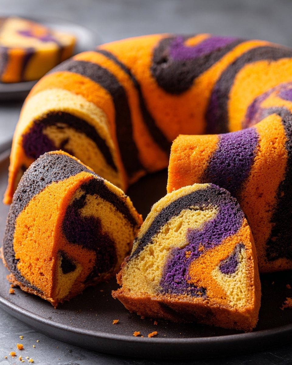 The image shows a round bundt cake with multiple swirled layers of bright orange, deep purple, black, and golden yellow cake. Each slice reveals a vibrant marbled pattern of these four colors, creating bold stripes and curves around the cake’s soft and slightly crumbly texture. The cake sits on a dark plate, with one slice placed slightly forward, highlighting the contrast of the colors and the fine crumb inside. The background features a soft white marbled texture, giving a clean and simple look that makes the vivid cake colors stand out. Photo taken with an iphone --ar 4:5 --v 7