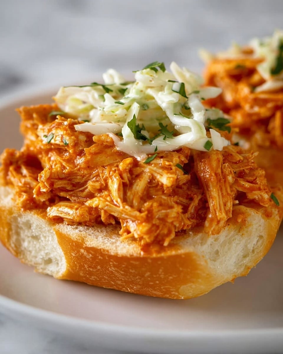 The image shows a close-up of an open sandwich with two main layers. The bottom layer is a white bread roll sliced in half with a light golden brown crust and soft inside. On top of the bread is a thick layer of shredded chicken coated in a rich, orange-red sauce that looks moist and flavorful, giving the chicken a textured, fibrous look. The top layer consists of a small amount of white coleslaw with thin strips of cabbage mixed with green herbs, adding a fresh contrast in color and texture to the saucy chicken. The sandwich sits on a white plate against a white marbled texture. Photo taken with an iphone --ar 4:5 --v 7