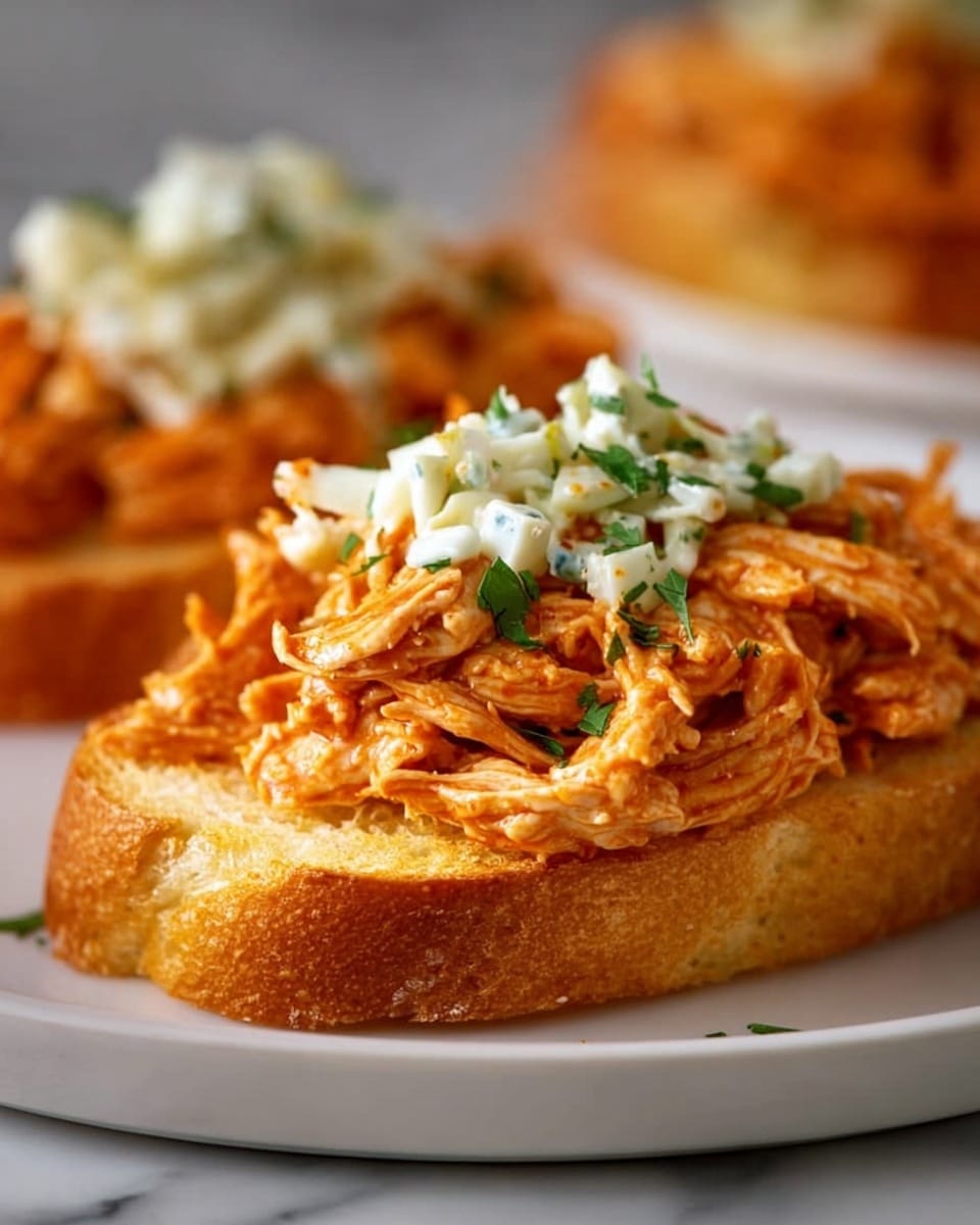 The image shows an open sandwich with two main layers on a white plate set on a white marbled surface. The base layer is a slice of golden toasted bread with a slightly crispy texture. On top is a generous mound of shredded chicken coated in a rich, orange-red sauce, giving it a moist and tender look. At the center of the chicken layer, there is a small topping of creamy white coleslaw with finely shredded cabbage and small specks of green herbs, adding contrast and freshness to the image. In the background, another similar sandwich is slightly blurred. photo taken with an iphone --ar 4:5 --v 7