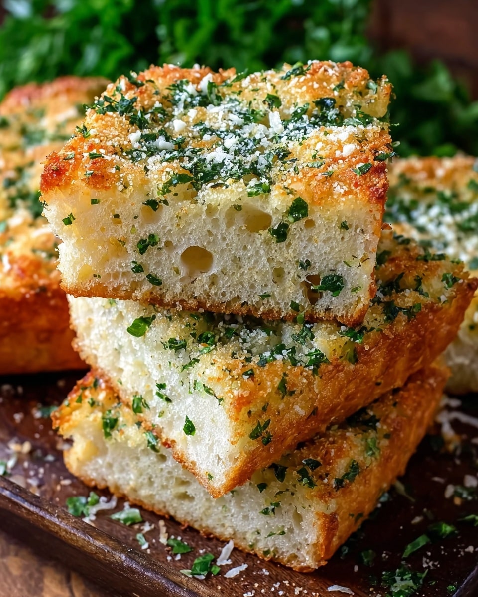 A close-up view of three pieces of garlic bread stacked in a neat pile, each slice showing a thick, soft inside with small air holes and a golden, crispy top layer covered in finely chopped green herbs and a light sprinkle of grated cheese. The bread slices have a slightly crunchy, toasted edge and a moist texture inside. The stack rests on a dark, rustic surface with a blurred background of green herbs. photo taken with an iphone --ar 4:5 --v 7