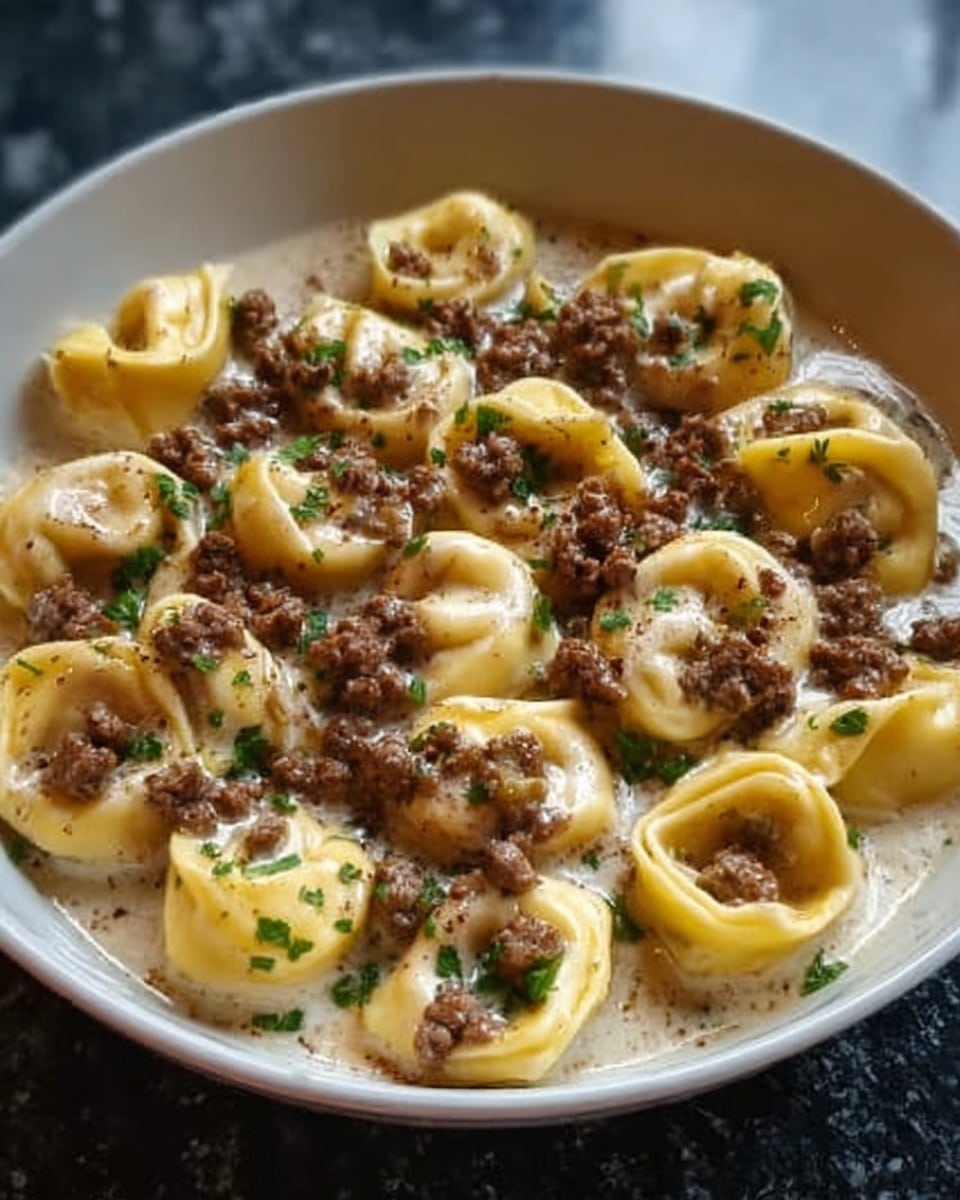A white bowl filled with creamy tortellini pasta, each piece neatly folded and smooth with a pale yellow color. On top, there is a generous layer of browned, slightly crumbly ground beef scattered evenly, with small bits of green herbs sprinkled for color contrast. The sauce is cream-based, thick, and pale, pooling around the pasta pieces, making the dish look rich and warm. The bowl sits on a white marbled textured surface. Photo taken with an iphone --ar 4:5 --v 7
