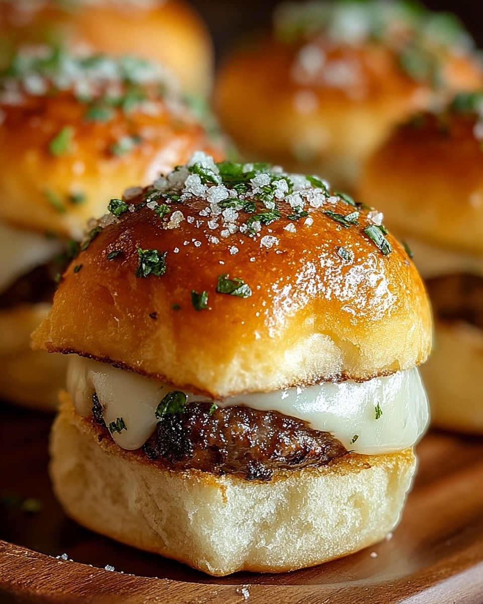 A close-up of a small sandwich with three layers: the bottom layer is a soft, light beige bun, the middle layer is a dark brown grilled patty with a slightly coarse texture, topped with a melted white cheese layer that smoothly drapes over the edges, and the top layer is a shiny golden-brown bun sprinkled with finely chopped green herbs and coarse white salt. The sandwich is set on a wooden surface with a blurred background showing more sandwiches. photo taken with an iphone --ar 4:5 --v 7