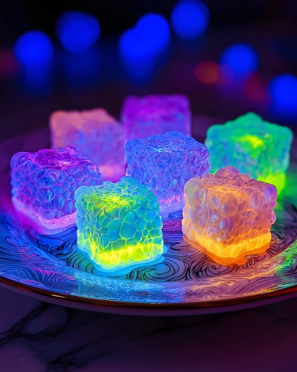 The image shows seven glowing cubes with a bumpy, almost bubble-like texture, closely placed in a circle on a white plate with detailed swirl patterns. Each cube shines with vibrant neon colors like blue, purple, yellow, green, and orange, blending smoothly and giving a glowing effect. The cubes look semi-transparent with light seeming to come from inside, creating a soft glow around each one. The plate rests on a white marbled surface and the background is dark with blue blurred lights, adding a dreamy feel to the scene. photo taken with an iphone --ar 4:5 --v 7