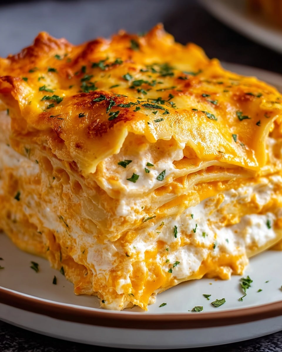 A close-up of a thick square slice of lasagna on a white plate with a brown rim, showing multiple layers of creamy white ricotta cheese and melted orange-yellow cheddar or mozzarella cheese between thin, soft pasta sheets. The top layer is golden-brown melted cheese, slightly bubbly and garnished with small green herb flakes, likely parsley. The lasagna looks rich, gooey, and slightly textured from the cheese. Photo taken with an iphone --ar 4:5 --v 7