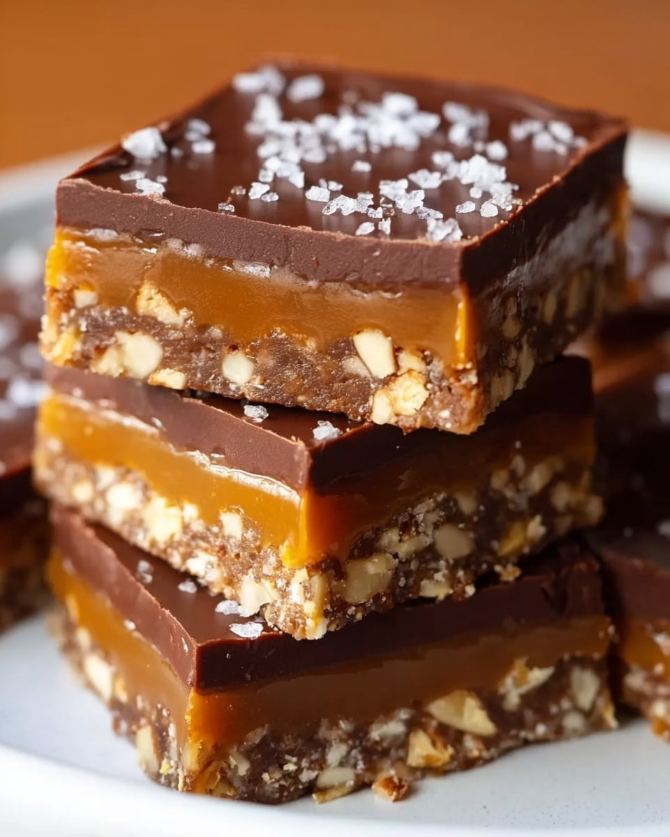 Three square bars are stacked on a white plate placed on a white marbled surface. Each bar has three thick layers: the bottom layer is a nutty, crunchy base with whole and chopped nuts in a brown mixture; the middle layer is a golden caramel that looks sticky and smooth; the top layer is a dark, glossy chocolate, thick and firm, sprinkled with coarse sea salt crystals that sparkle. The close-up view shows the textures clearly and the light reflects gently off the caramel and chocolate layers. Photo taken with an iphone --ar 4:5 --v 7