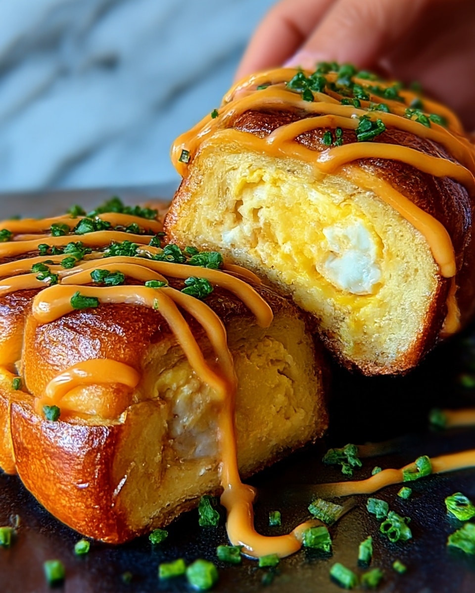 The image shows a close-up of two pieces of a deep-fried roll sliced to reveal the inside layers, with a golden-brown crispy outer layer and a soft interior filled with yellow egg and other ingredients. The rolls are topped with a thick, smooth, light orange sauce drizzled in curved lines, and sprinkled with small green onion pieces. The rolls are placed on a dark brown plate on a white marbled surface, with a blurred hint of a white cup and red garnish in the background. The photo taken with an iphone --ar 4:5 --v 7