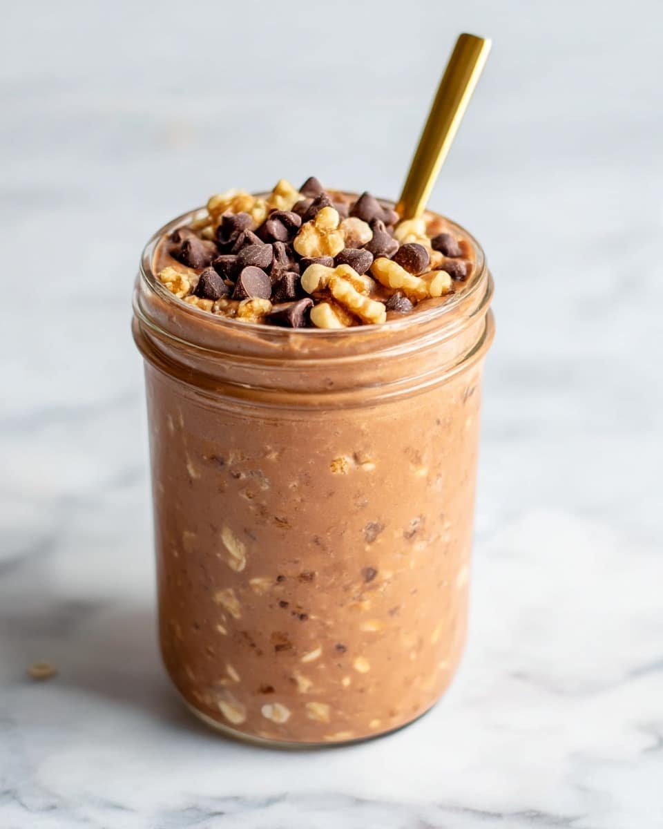 A clear glass jar is filled with three visible layers; the bottom and main layer is a thick, creamy brown chocolate oatmeal with a smooth texture mixed with bits of oats. The top layer is decorated with a mix of dark chocolate chips and light brown walnut pieces scattered evenly across the surface. A small golden spoon is inserted into the jar from the top right side. The jar sits on a white marbled surface with a blurred light background. Photo taken with an iphone --ar 4:5 --v 7