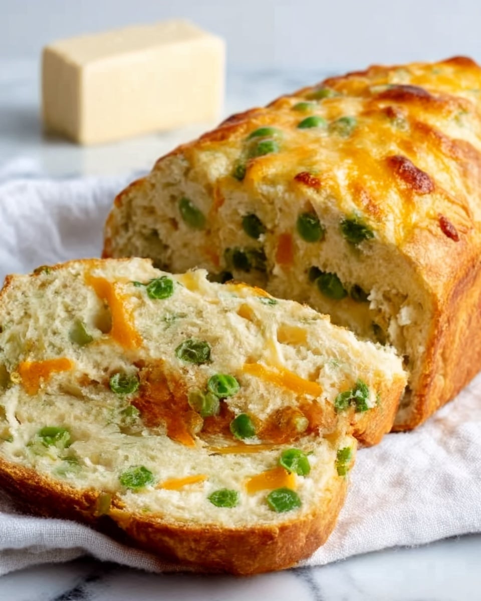 The image shows a loaf of savory bread with two slices cut in front of it. The bread has a golden-brown crust with some melted cheese spots on top. Inside, the bread is light-colored with visible green peas and bits of orange cheese baked throughout, creating a colorful and textured look. The bread rests on a white marbled surface with a white cloth underneath. A small block of pale cheese is out of focus in the background. photo taken with an iphone --ar 4:5 --v 7