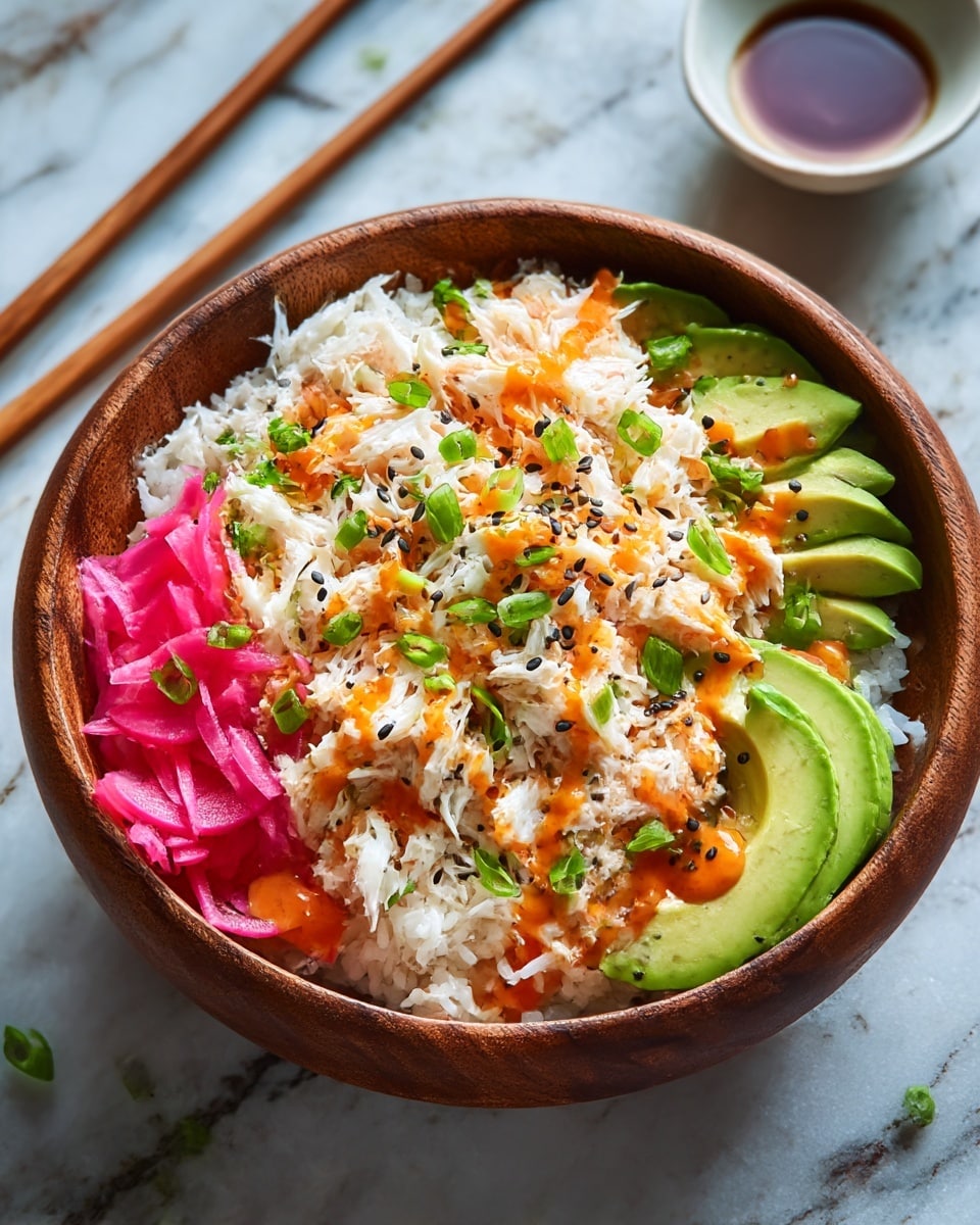 A wooden bowl filled with a layered dish starting with a base of white rice at the bottom, topped with a thick layer of shredded white crab meat. On one side, bright pink pickled vegetables are arranged in neat vertical strips, and on the opposite side, thin slices of green avocado are fanned out. The crab meat is drizzled with an orange spicy sauce and sprinkled with black sesame seeds and chopped green onions, adding green pops of color. The bowl is placed on a white marbled surface with chopsticks resting diagonally behind it and a dipping sauce in a small white saucer in the background. Photo taken with an iphone --ar 4:5 --v 7
