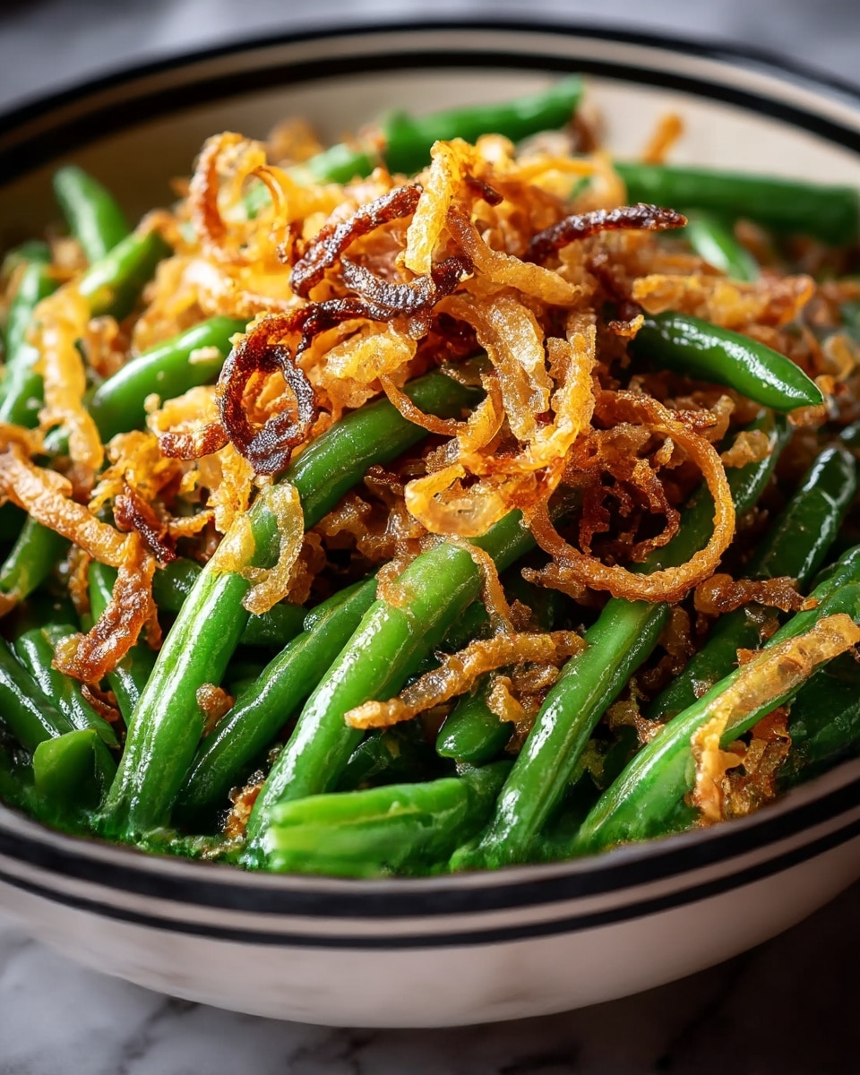 A close-up of a dish with vibrant green beans as the bottom layer, fresh and glossy with a smooth texture. On top, there is a generous layer of crispy, golden-brown fried onions, curled and slightly darkened at the edges, adding a crunchy texture contrast to the green beans. The food is served in a white bowl with black rim lines, all placed on a white marbled textured surface. photo taken with an iphone --ar 4:5 --v 7