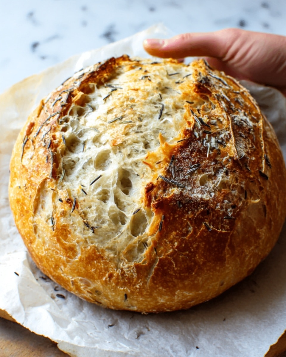 A round loaf of bread with a golden-brown crust sits on white parchment paper. The crust is cracked in places, showing a soft, light interior with small holes. Thin black herbs are sprinkled primarily on top, nestled into the crevices of the crust. A woman's hand is holding the loaf from the top left corner. The background is a white marbled surface. Photo taken with an iphone --ar 4:5 --v 7