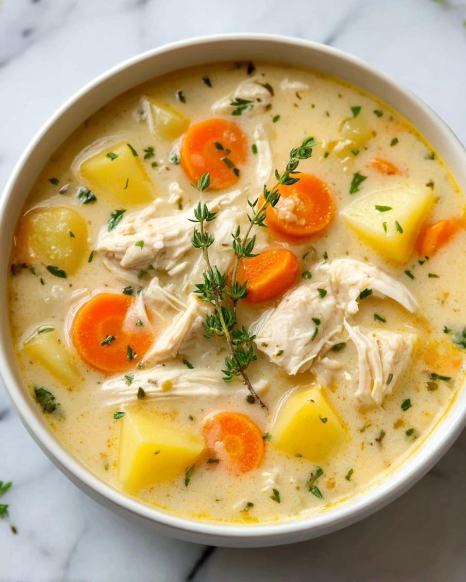 The image shows a bowl of creamy chicken soup with visible chunks of tender white chicken pieces, bright orange carrot slices, and yellow potato cubes floating in a rich, light beige broth. Small green herbs are scattered on top, and a sprig of fresh thyme rests in the middle, adding a touch of green color. The bowl is white and placed on a white marbled surface. Photo taken with an iphone --ar 4:5 --v 7