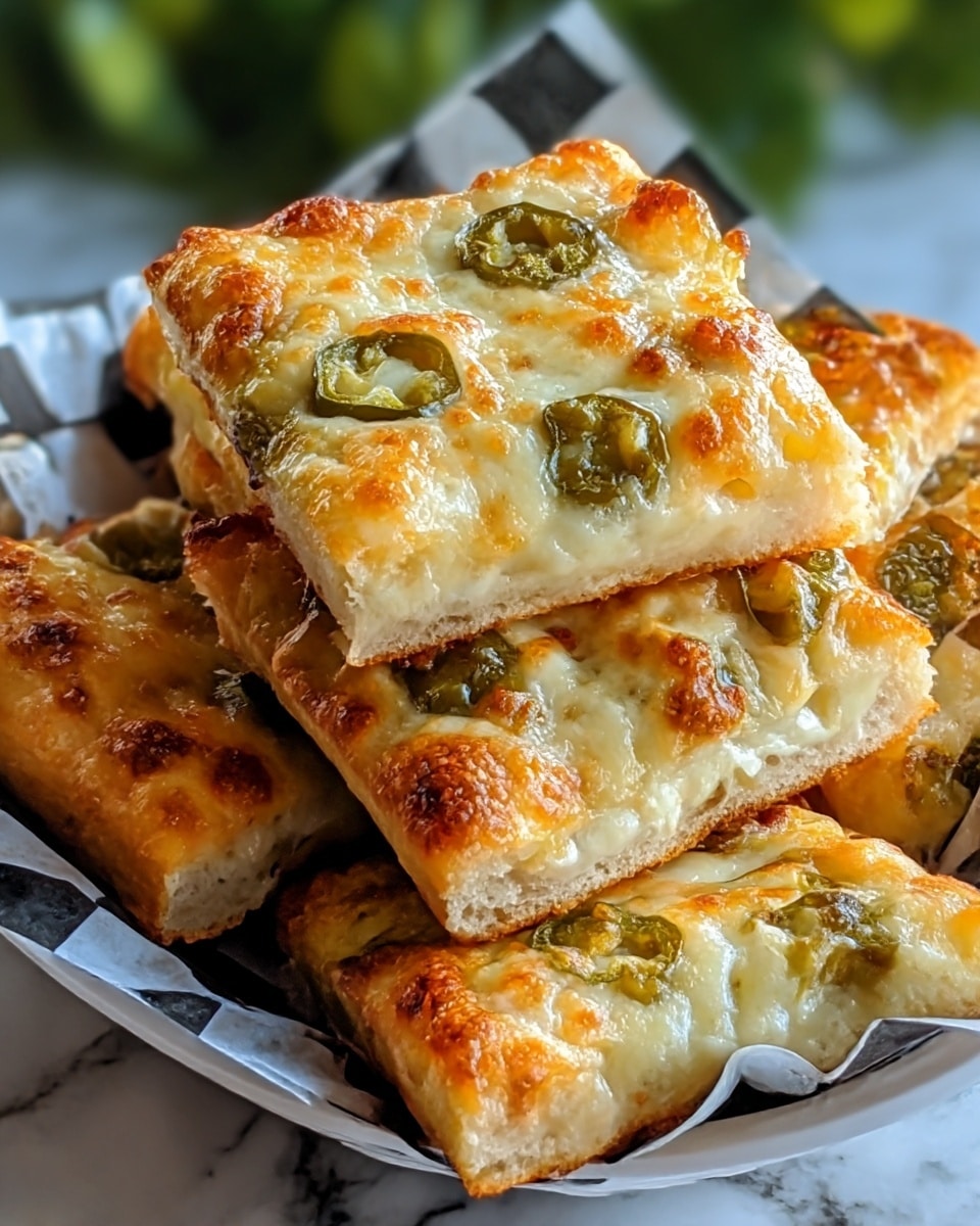 The image shows several square pieces of cheesy bread stacked in a white basket with a black-and-white checkered paper lining. Each piece has three visible layers: the bottom layer is a thick, light brown crust; the middle layer is creamy and pale, likely cheese or sauce; and the top layer is golden, melted cheese with small browned spots and scattered green pieces of what appears to be jalapeño or green pepper. The cheese layer looks bubbly and slightly oily, giving a fresh baked appearance. The background features a soft out-of-focus greenery, but the surface beneath the basket is a white marbled texture. photo taken with an iphone --ar 4:5 --v 7
