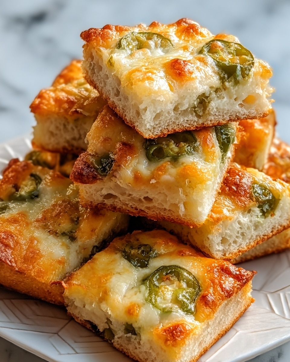 The image shows a stack of small square bread pieces with three clear layers; the bottom layer is a light brown crispy baked bread crust, the middle layer is soft and pale with a slight crumbly texture, and the top layer is golden-brown melted cheese with green jalapeño slices scattered throughout. The cheese layer has a bubbly, slightly browned texture with shiny melted parts, and the bread pieces are placed closely on a white plate with a geometric design, all set against a white marbled surface. photo taken with an iphone --ar 4:5 --v 7