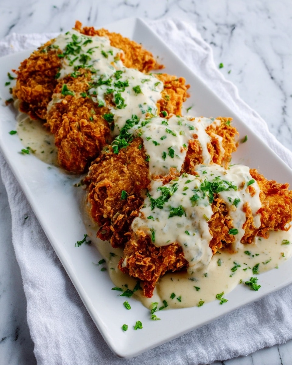 A white rectangular plate holds five pieces of golden brown fried chicken, each covered with a creamy white sauce sprinkled with finely chopped green herbs, spread evenly on top of the chicken. The plate rests on a soft white cloth, and the background is a white marbled surface. photo taken with an iphone --ar 4:5 --v 7